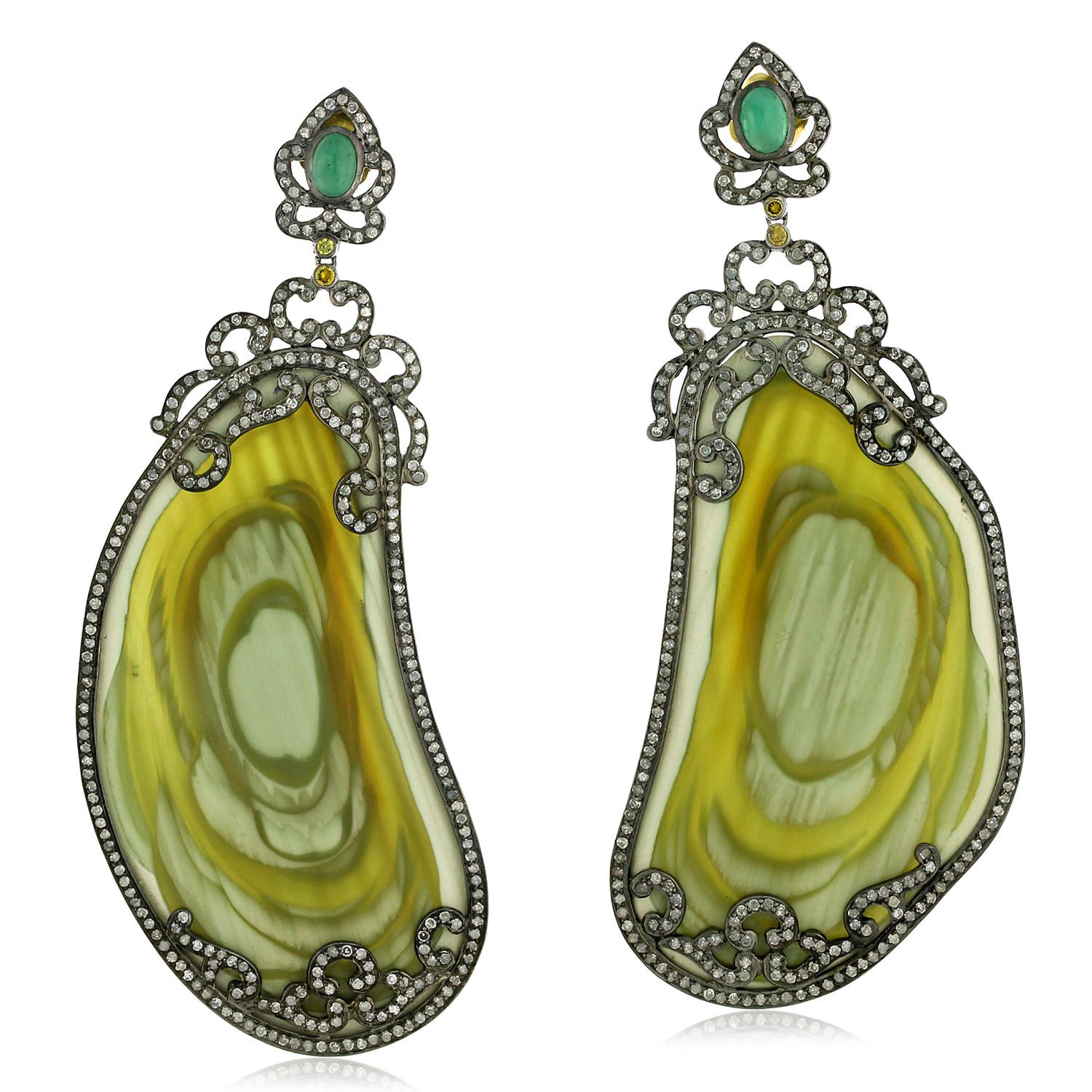 Mixed Cut Nugget Shaped Jasper Dangle Earrings With Emerald & Pave Diamonds In 18k Gold For Sale