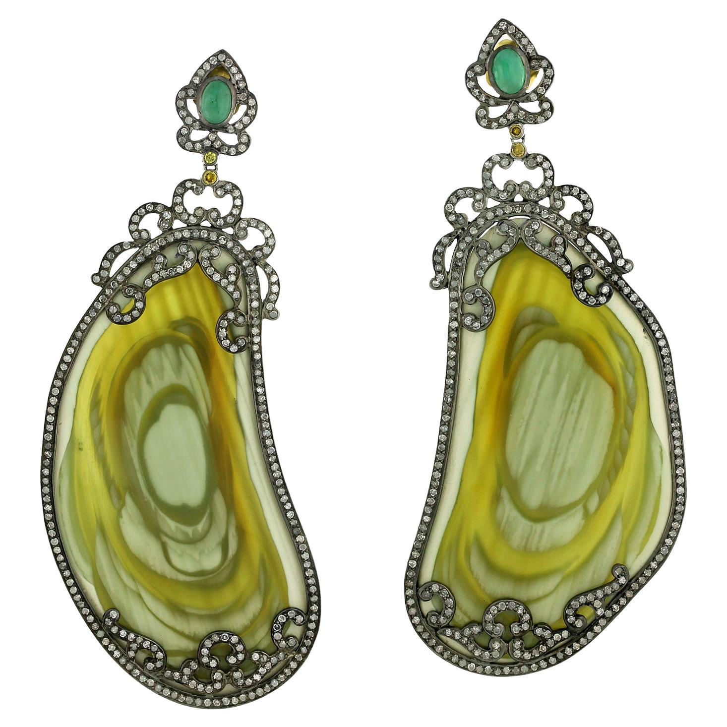 Nugget Shaped Jasper Dangle Earrings With Emerald & Pave Diamonds In 18k Gold