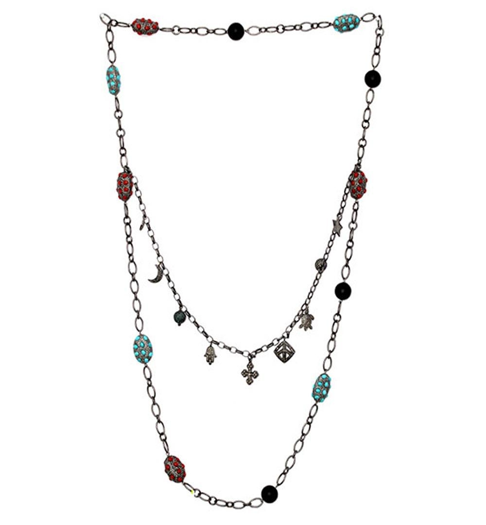 Diamond:16.61ct,
Onyx:78ct
Silver:99.94gm,
Coral:14.68ct,
Turquoise:15.40ct
Size: 1067MM