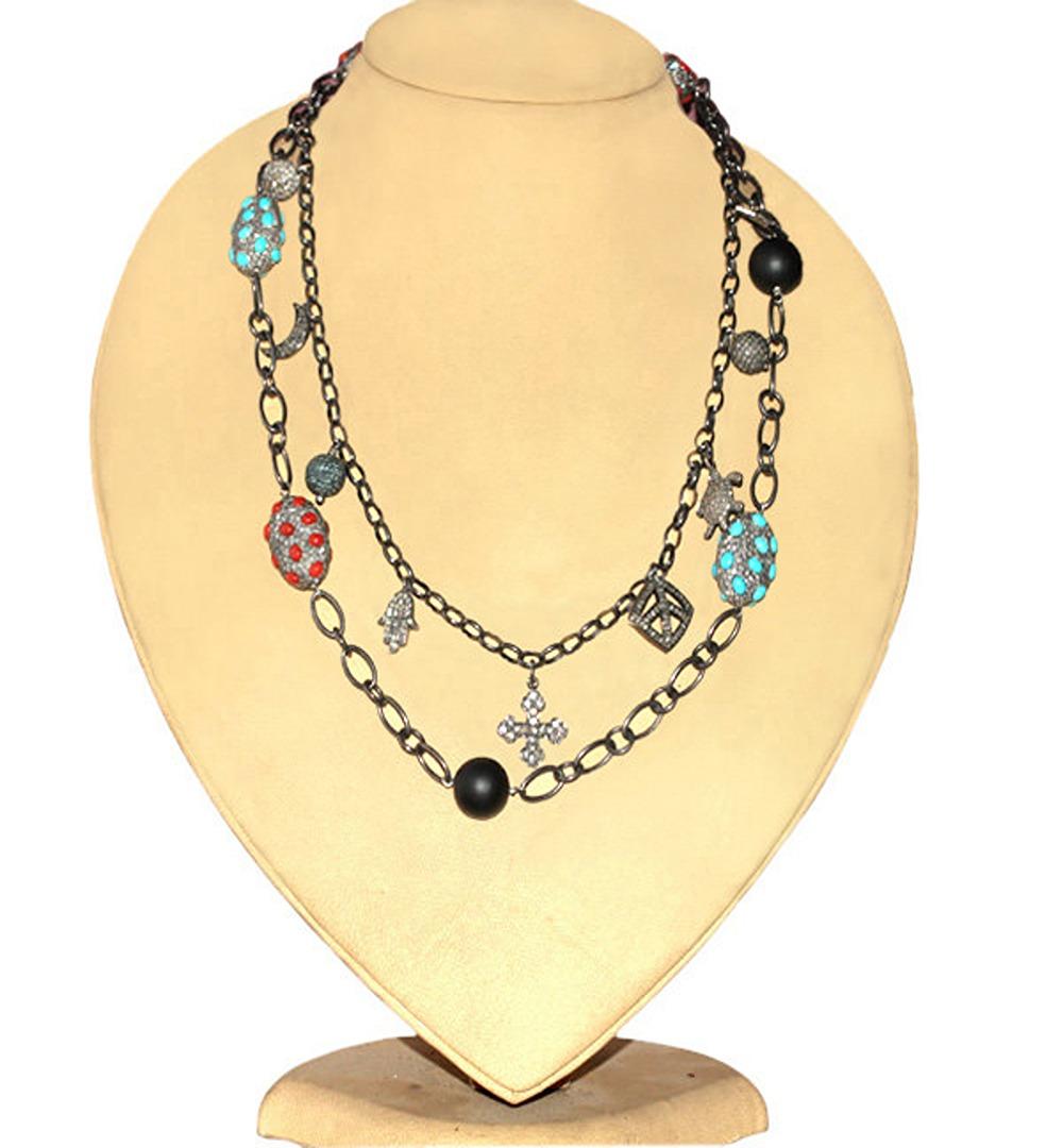 Artisan Nugget Shaped Multi Gemstone Chain Necklace Accented With Diamonds For Sale