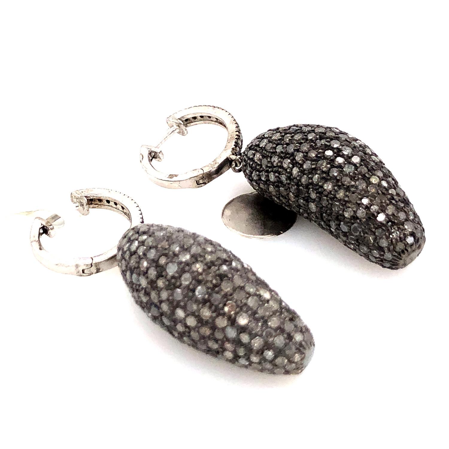 Art Nouveau Nugget Shaped Pave Diamond Dangle Earrings Made in 18k Gold & Silver For Sale