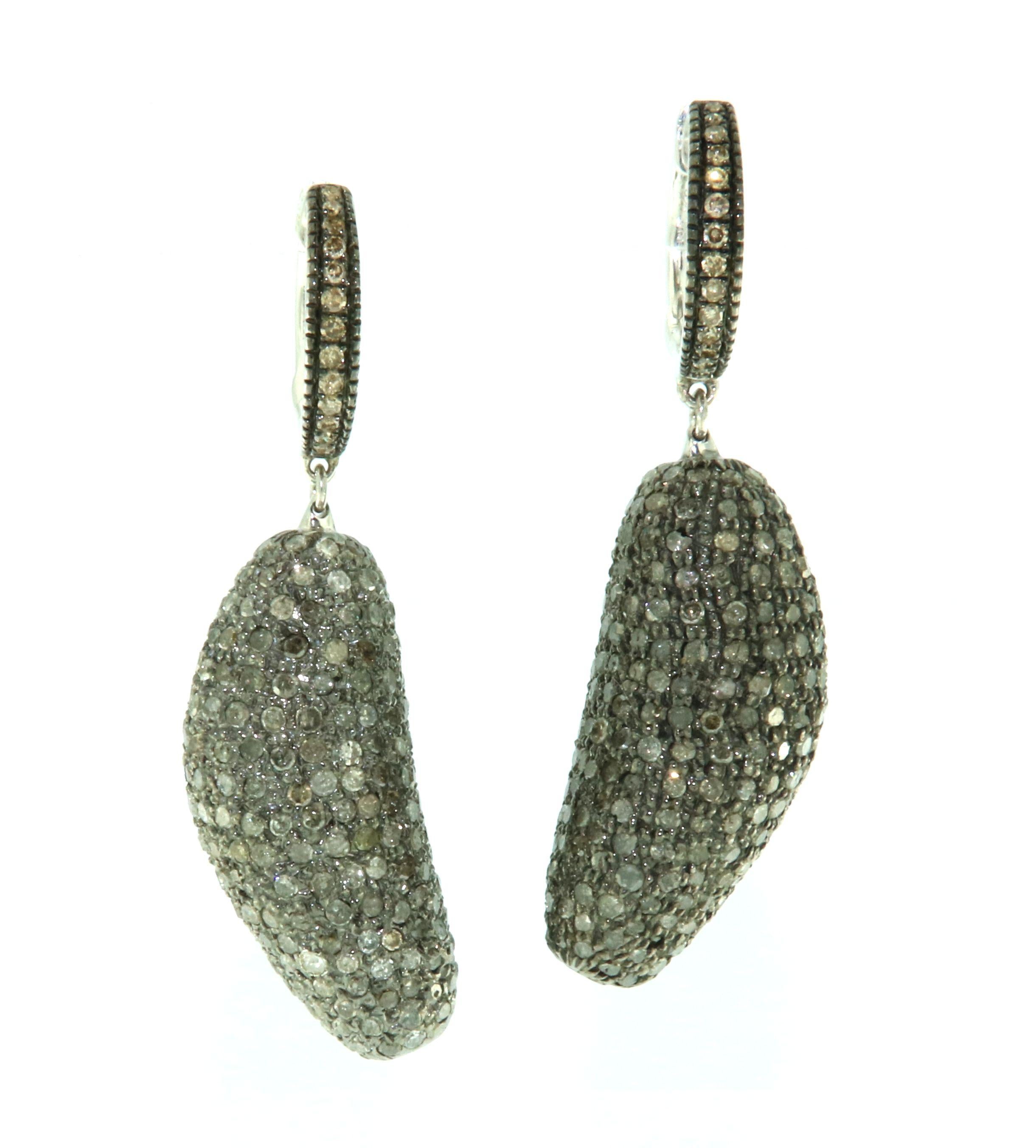 Mixed Cut Nugget Shaped Pave Diamond Dangle Earrings Made in 18k Gold & Silver For Sale