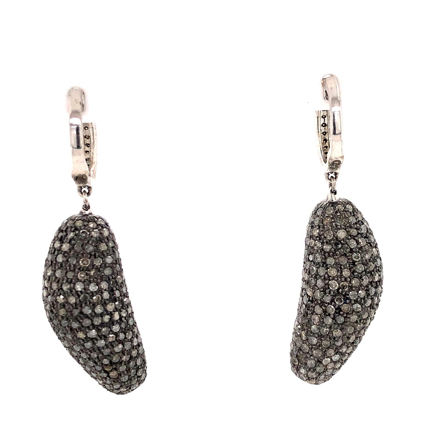 Nugget Shaped Pave Diamond Dangle Earrings Made in 18k Gold & Silver In New Condition For Sale In New York, NY