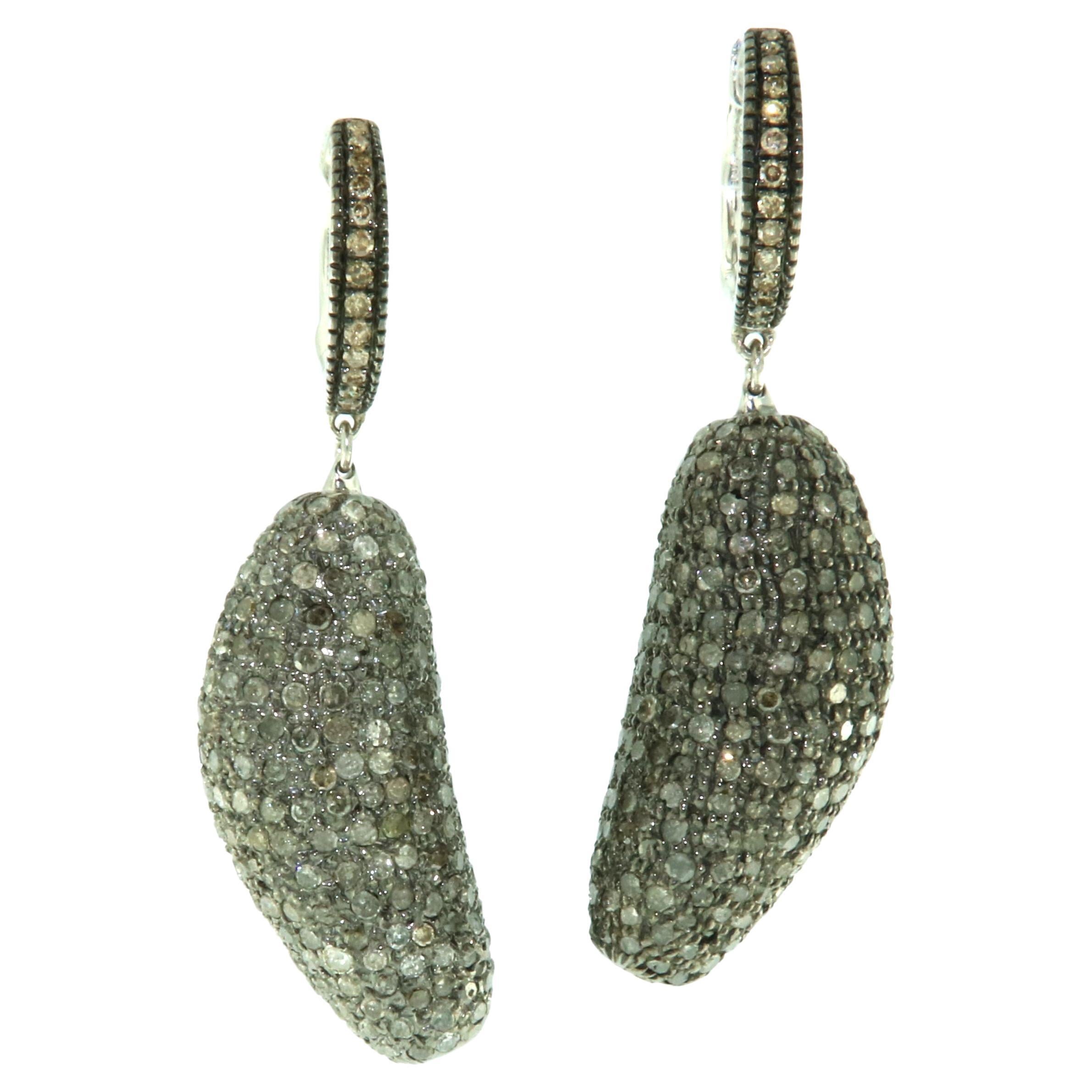 Nugget Shaped Pave Diamond Dangle Earrings Made in 18k Gold & Silver For Sale