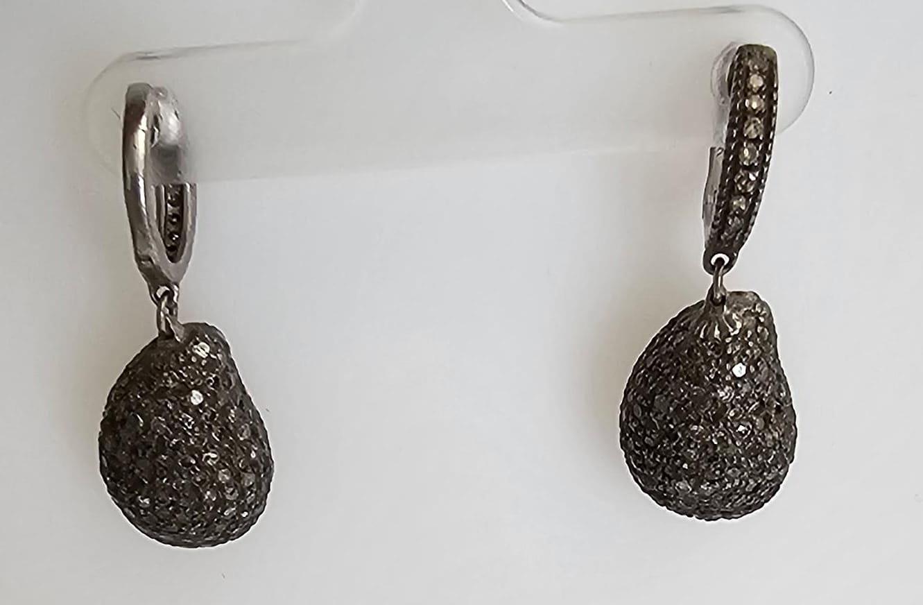 Art Nouveau Nugget Shaped Pave Diamond Earrings made In 18k Gold & Silver For Sale