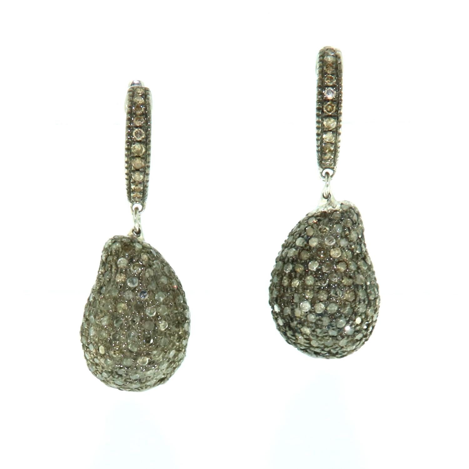 Mixed Cut Nugget Shaped Pave Diamond Earrings made In 18k Gold & Silver For Sale