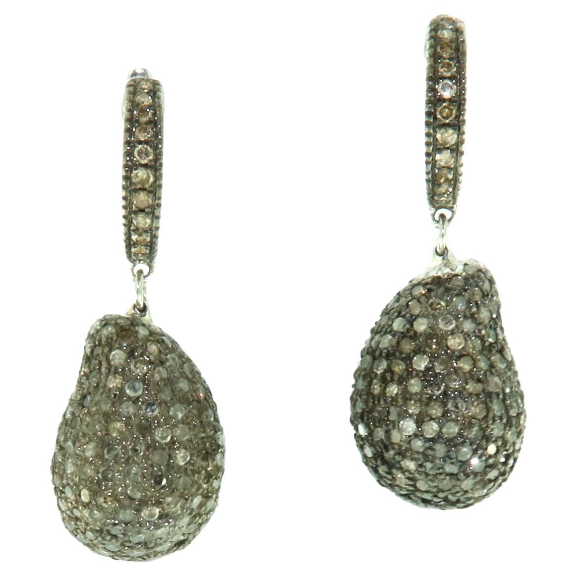 Nugget Shaped Pave Diamond Earrings made In 18k Gold & Silver For Sale