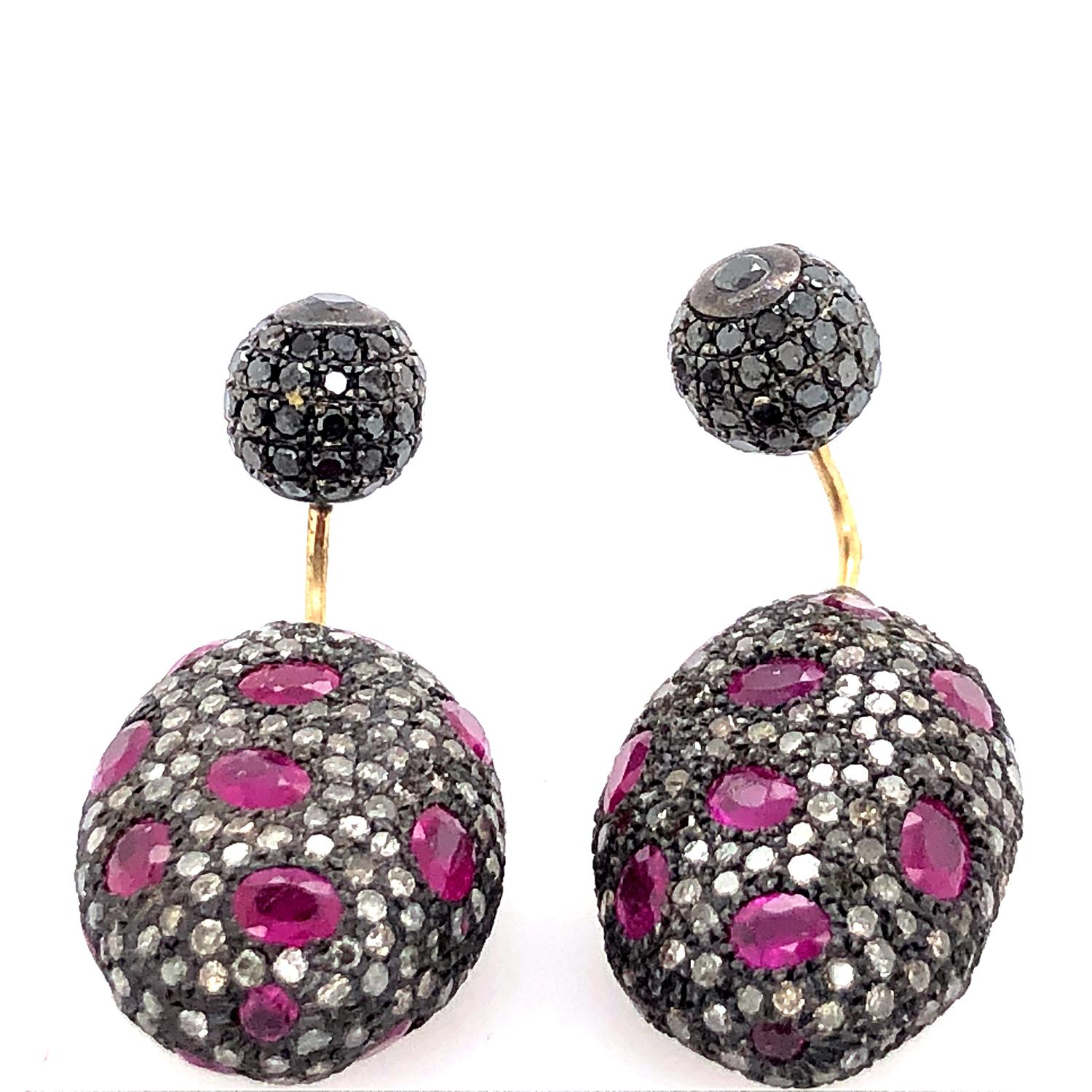Artisan Nugget Shaped Pave Diamond & Ruby Earring Made in 14k Gold & Silver For Sale