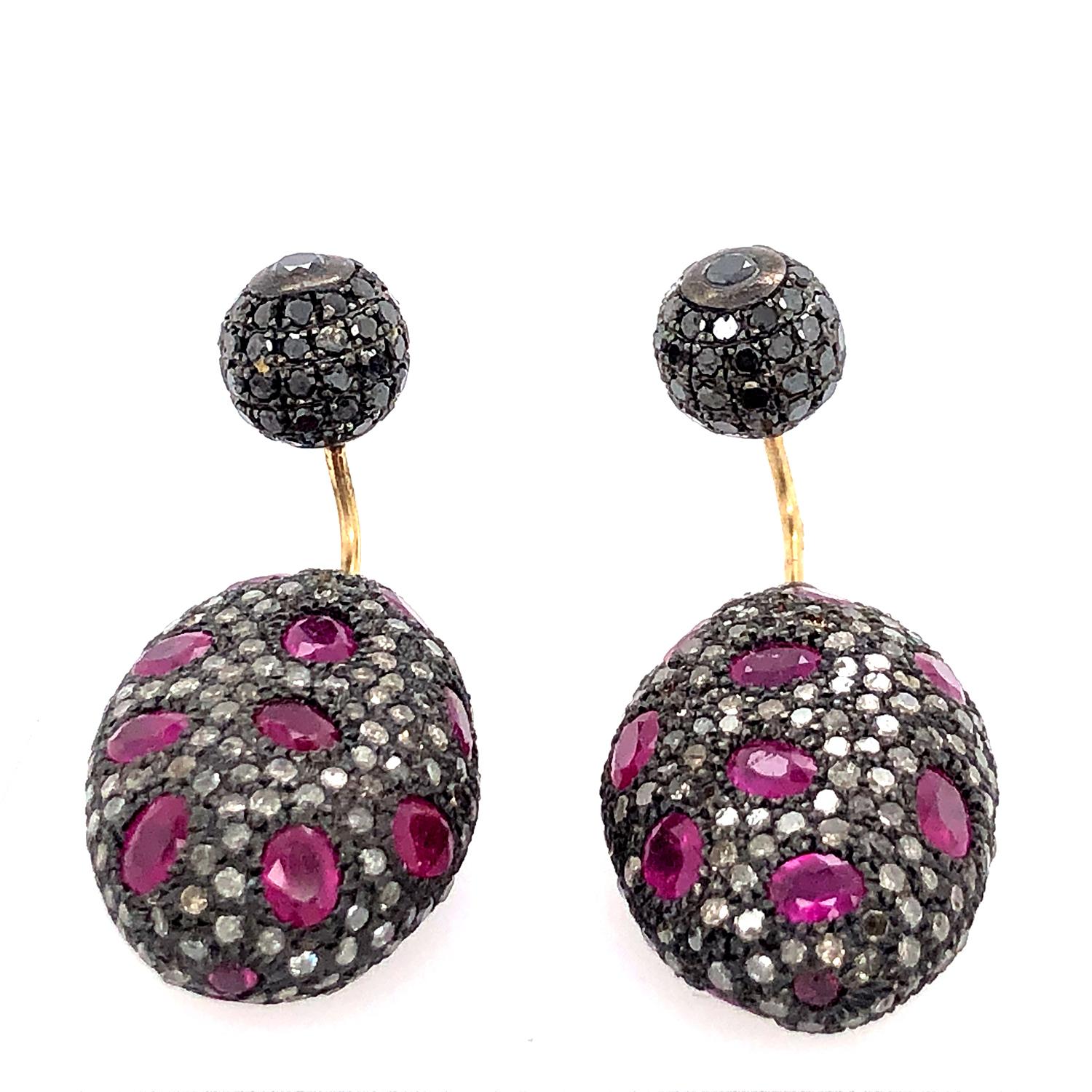 Mixed Cut Nugget Shaped Pave Diamond & Ruby Earring Made in 14k Gold & Silver For Sale