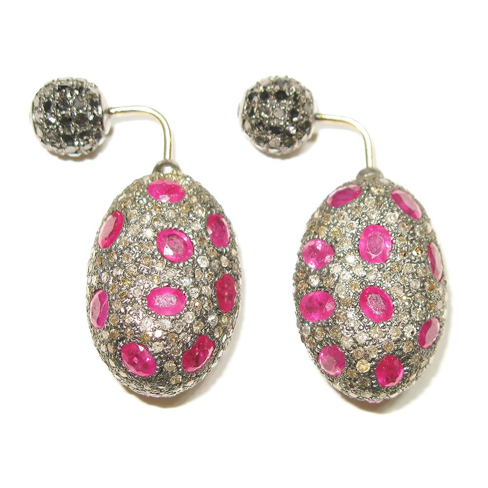 Nugget Shaped Pave Diamond & Ruby Earring Made in 14k Gold & Silver In New Condition For Sale In New York, NY