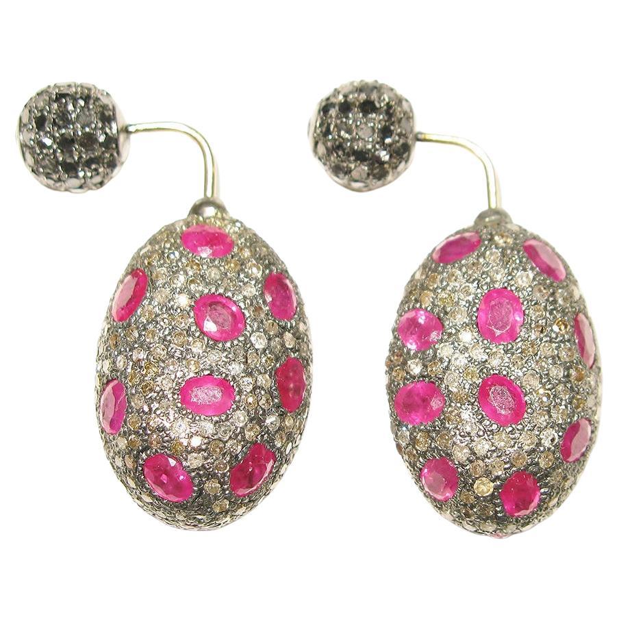 Nugget Shaped Pave Diamond & Ruby Earring Made in 14k Gold & Silver For Sale