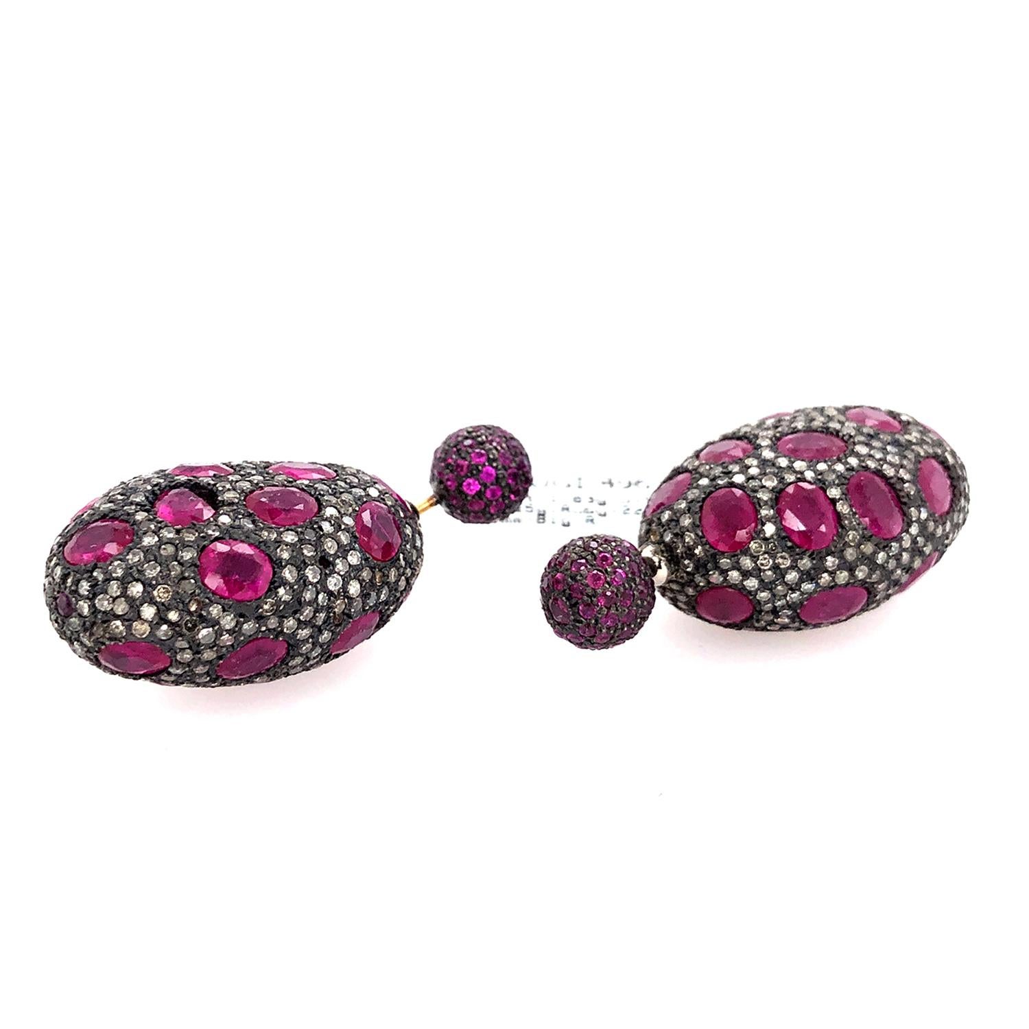 Artisan Nugget Shaped Pave Diamond & Ruby Earrings Made in 14k Gold & Silver For Sale