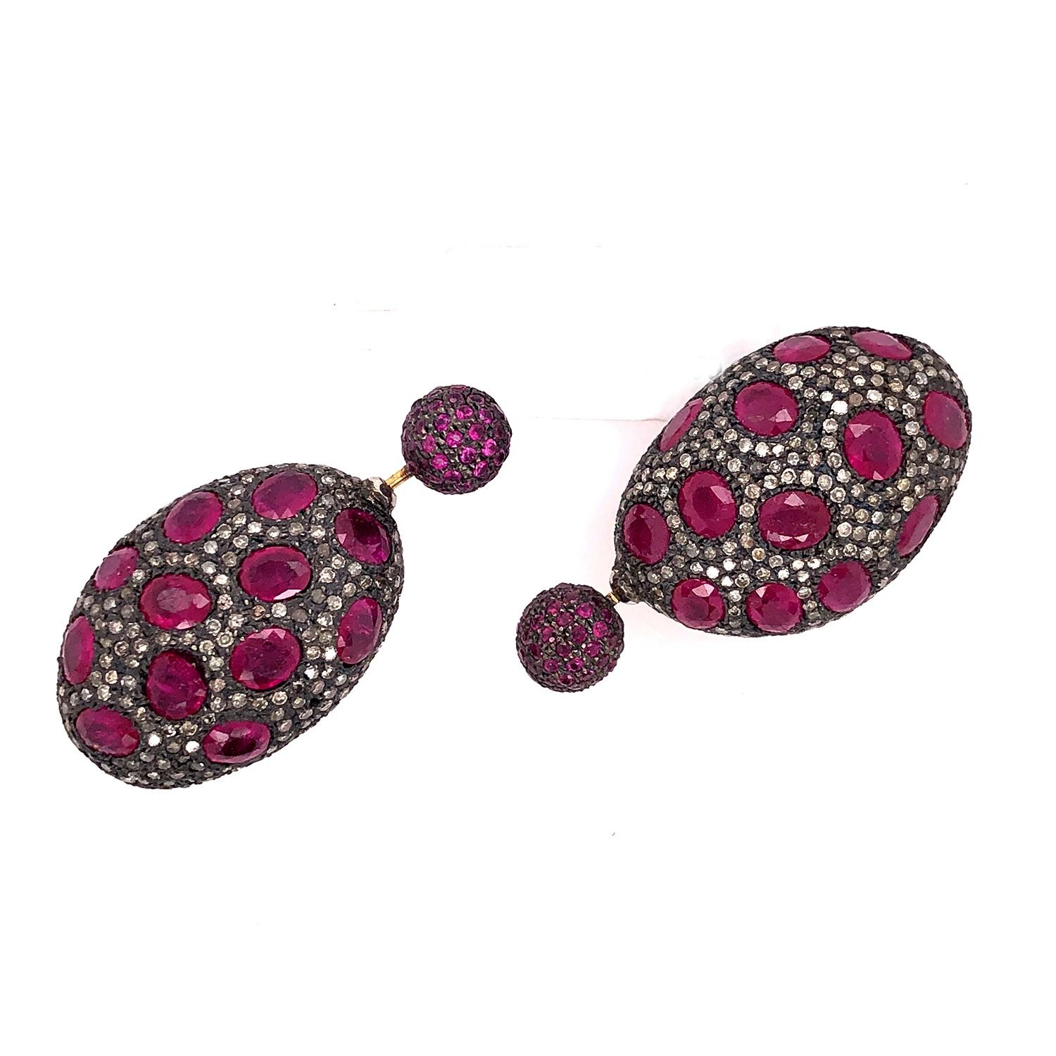 Mixed Cut Nugget Shaped Pave Diamond & Ruby Earrings Made in 14k Gold & Silver For Sale