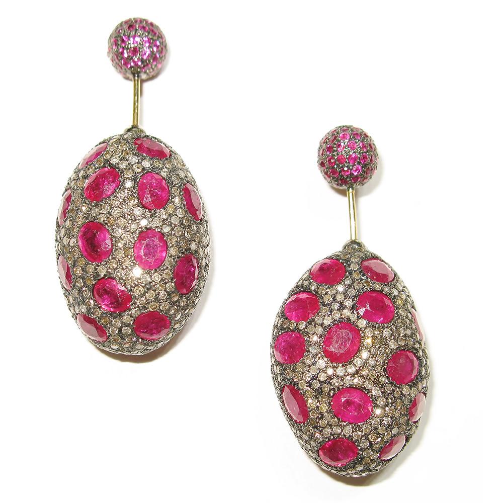Nugget Shaped Pave Diamond & Ruby Earrings Made in 14k Gold & Silver In New Condition For Sale In New York, NY