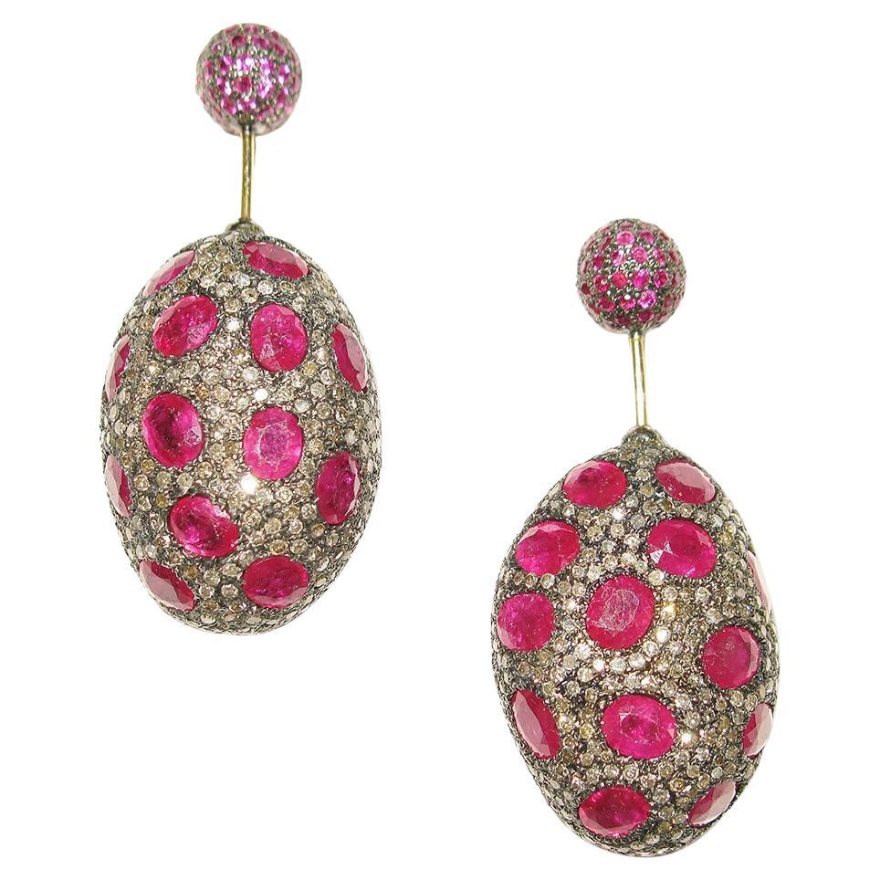 Nugget Shaped Pave Diamond & Ruby Earrings Made in 14k Gold & Silver For Sale
