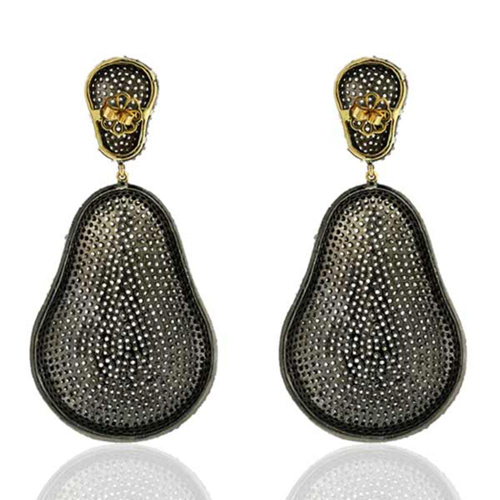 Artisan Nugget Shaped Pave Diamonds Dangle Earrings Made in 18k Yellow Gold & Silver For Sale