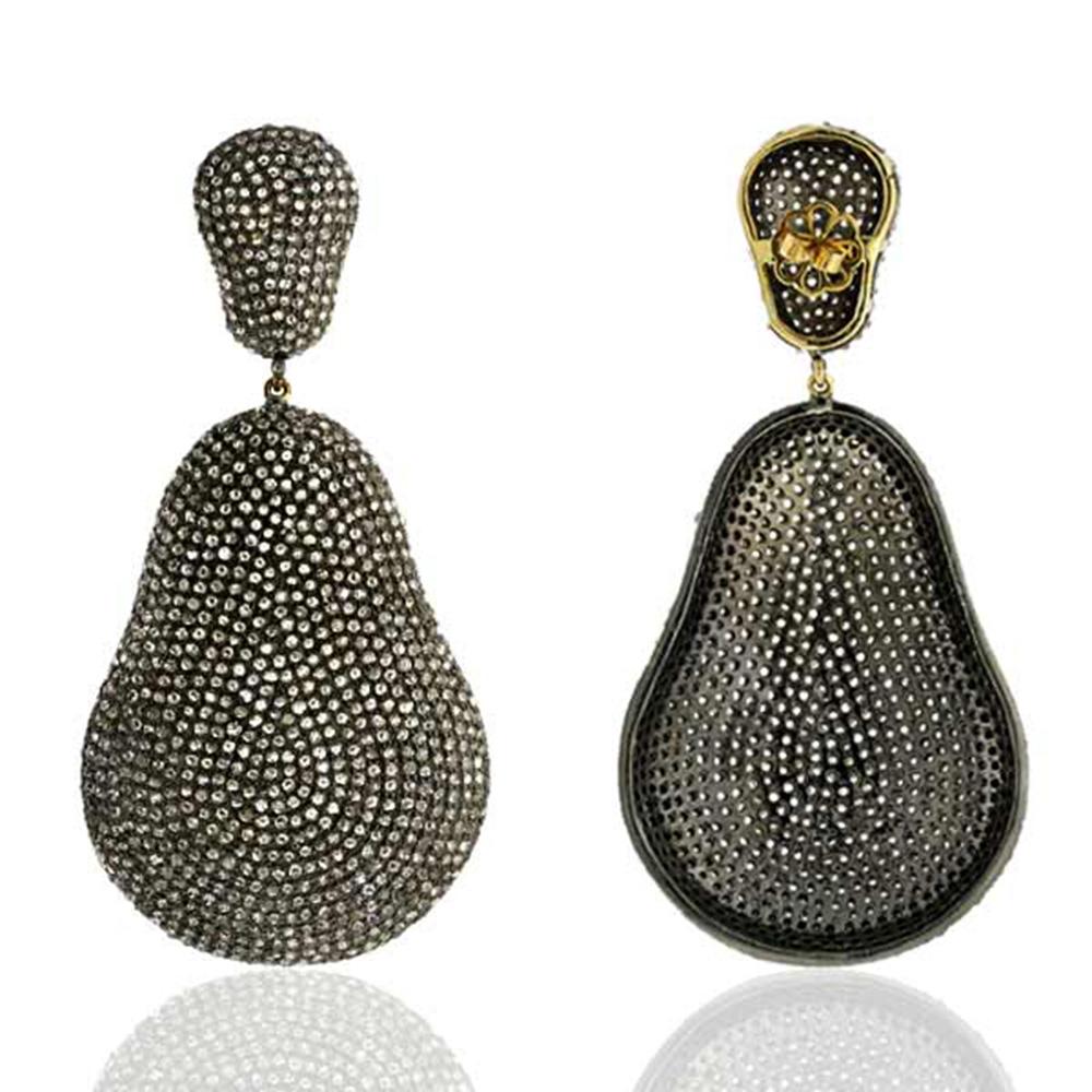 Artisan Nugget Shaped Pave Diamonds Dangle Earrings Made in 18k Yellow Gold & Silver For Sale
