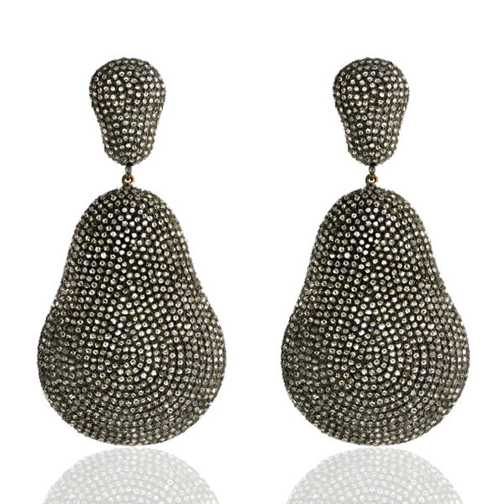 Mixed Cut Nugget Shaped Pave Diamonds Dangle Earrings Made in 18k Yellow Gold & Silver For Sale