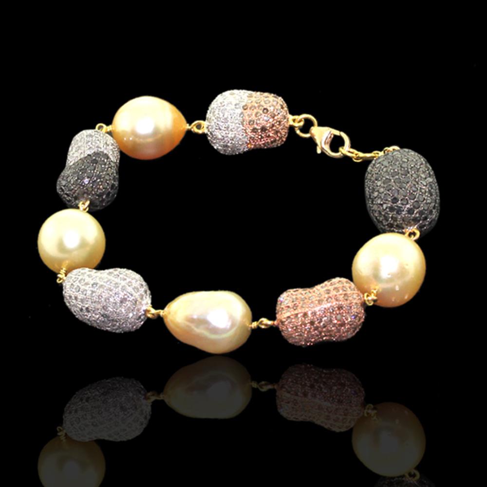 Artisan Nugget Shaped Pearl & Pave Diamonds Ball Beaded Bracelet Made in 18k Yellow Gold For Sale