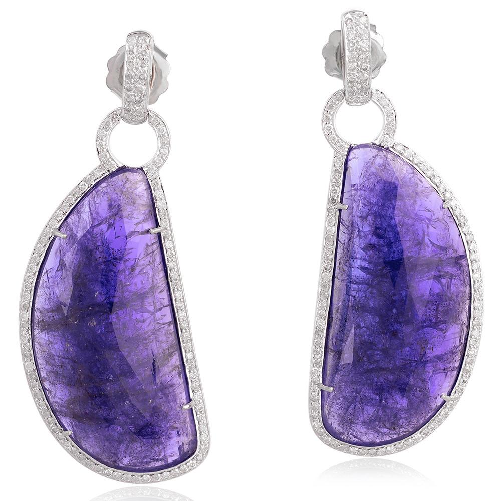 Mixed Cut Nugget Shaped Tanzanite Dangle Earrings With Diamonds Made In 18k Gold For Sale