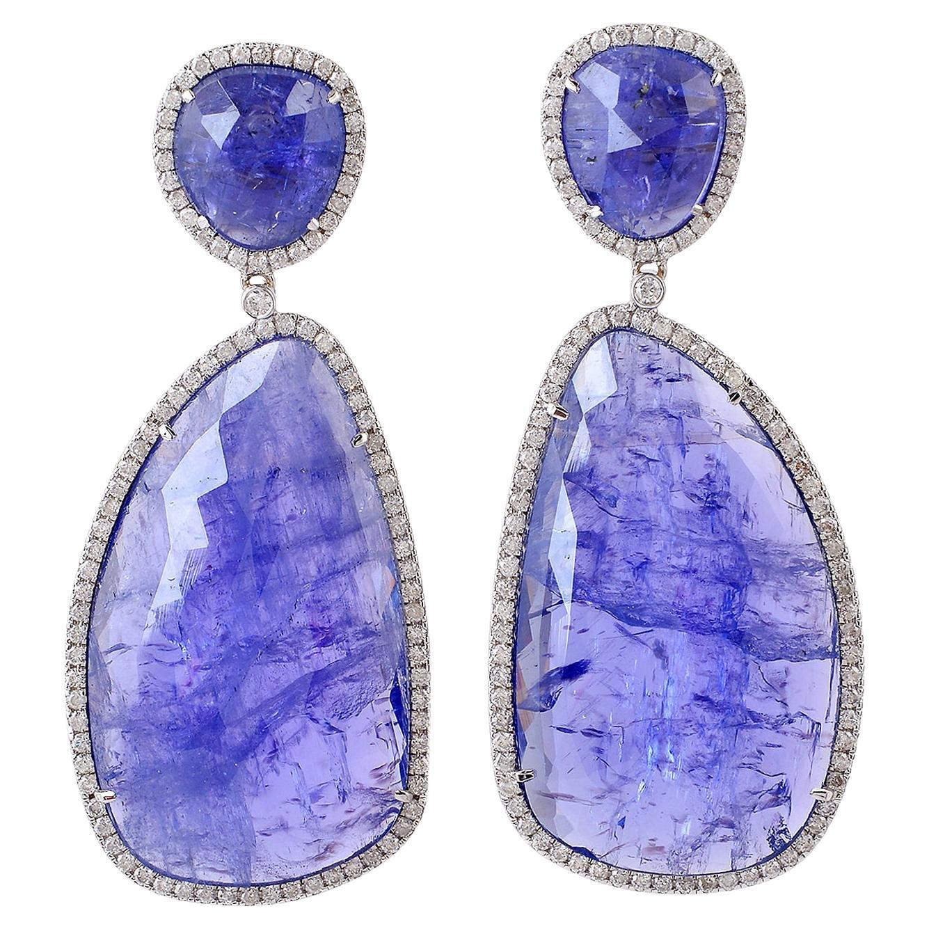 Nugget Shaped Tanzanite Dangle Earrings With Diamonds Made In 18k White Gold