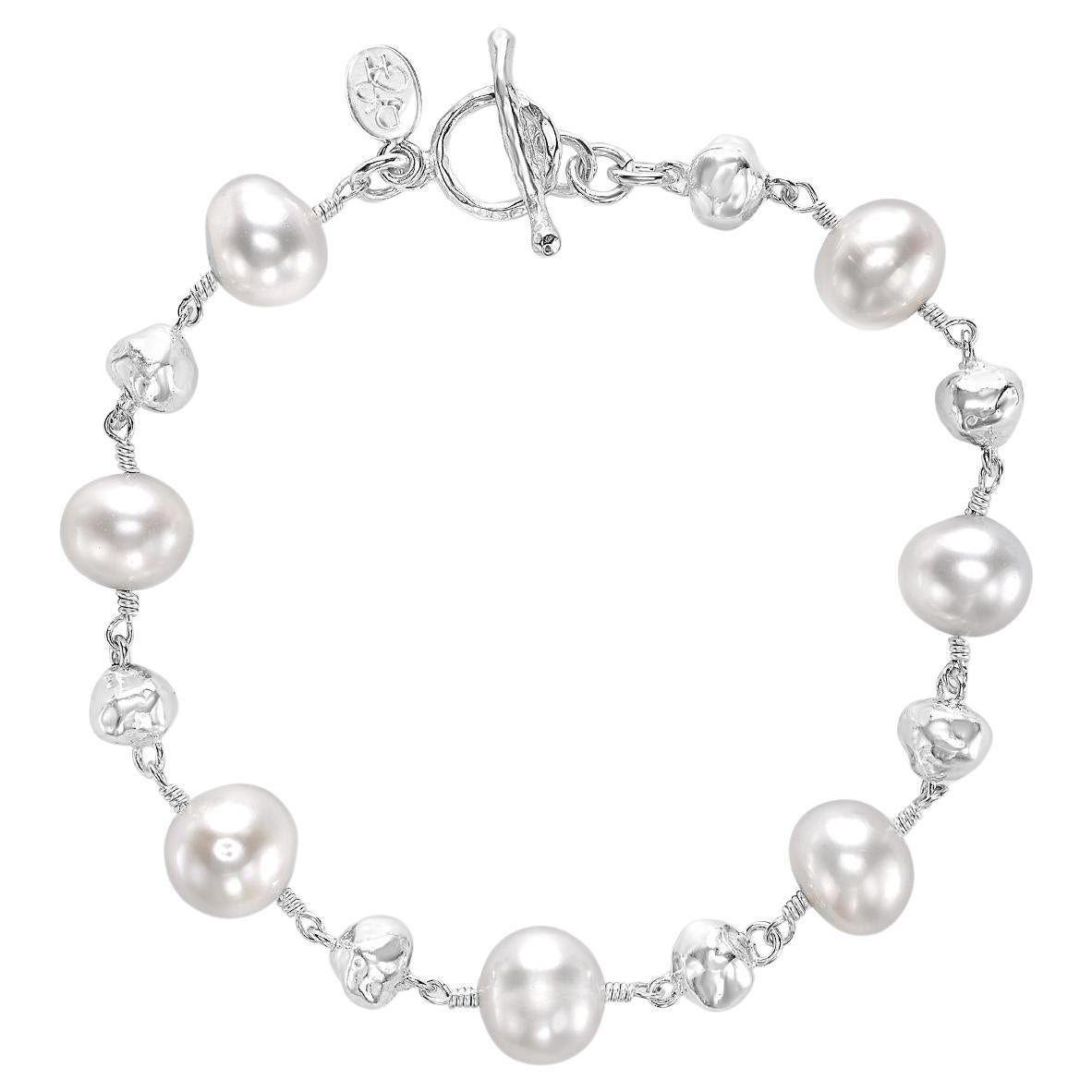 Nugget & White Freshwater Pearl Bracelet In Sterling Silver For Sale