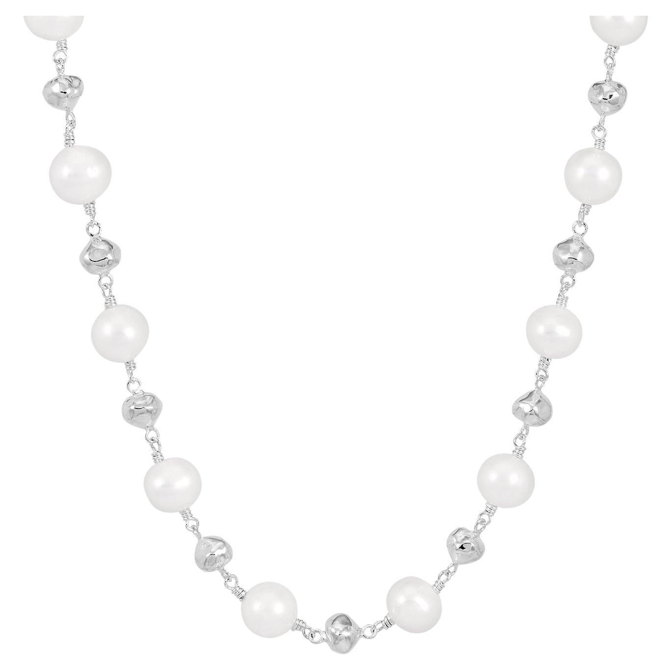 Nugget & White Freshwater Pearl Necklace In Sterling Silver For Sale