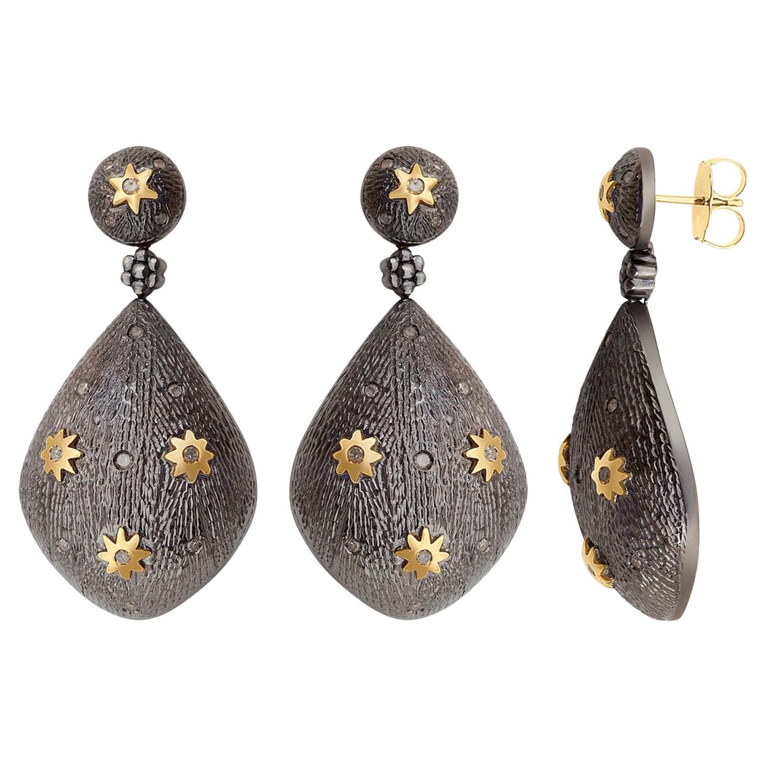 Nuggets Shaped Diamond Dangle Earrings Made in 18k Gold & Silver