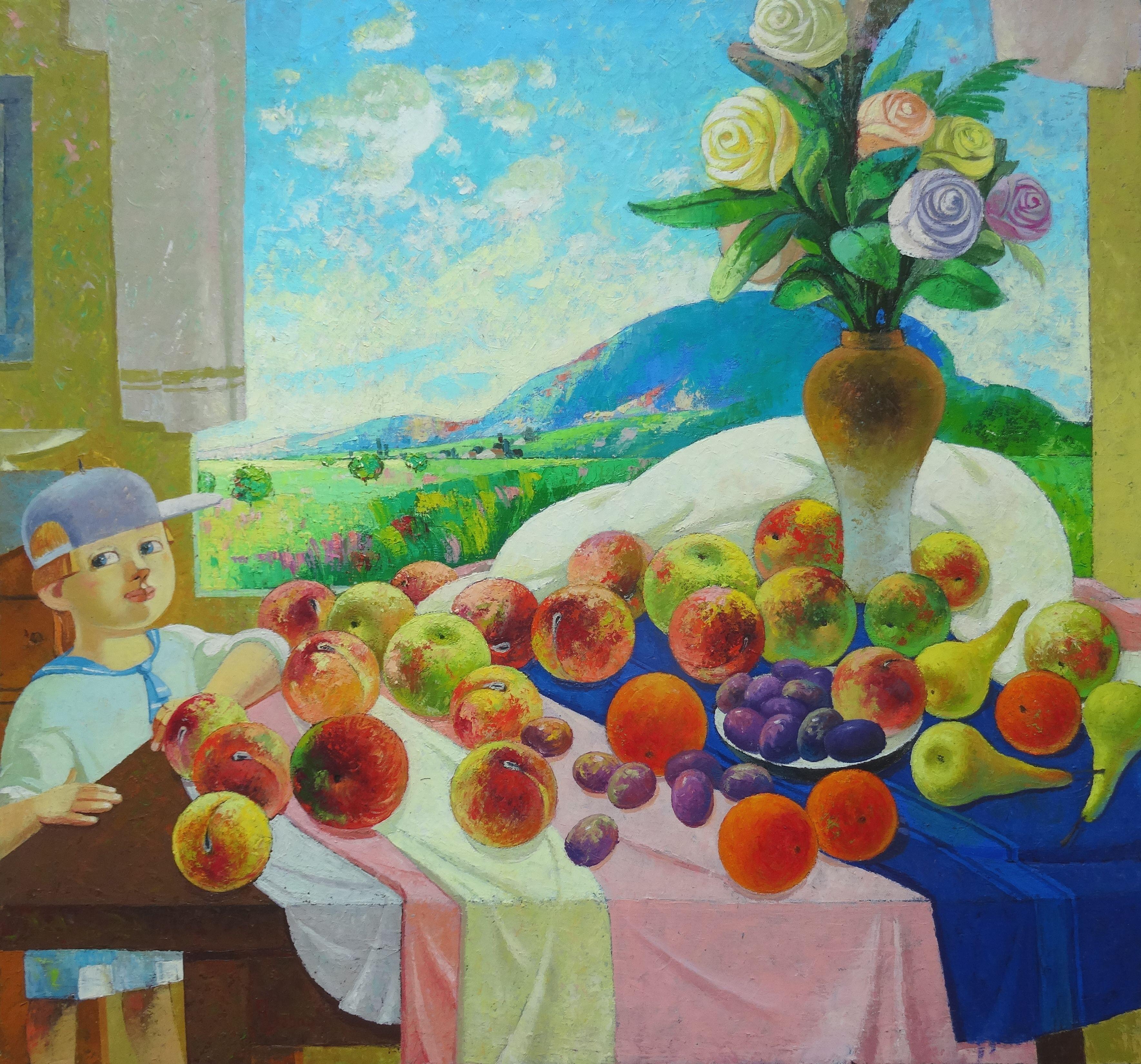 Bodegón luminoso con frutas y jarrón. 2020. Óleo sobre lienzo, 70x75cm