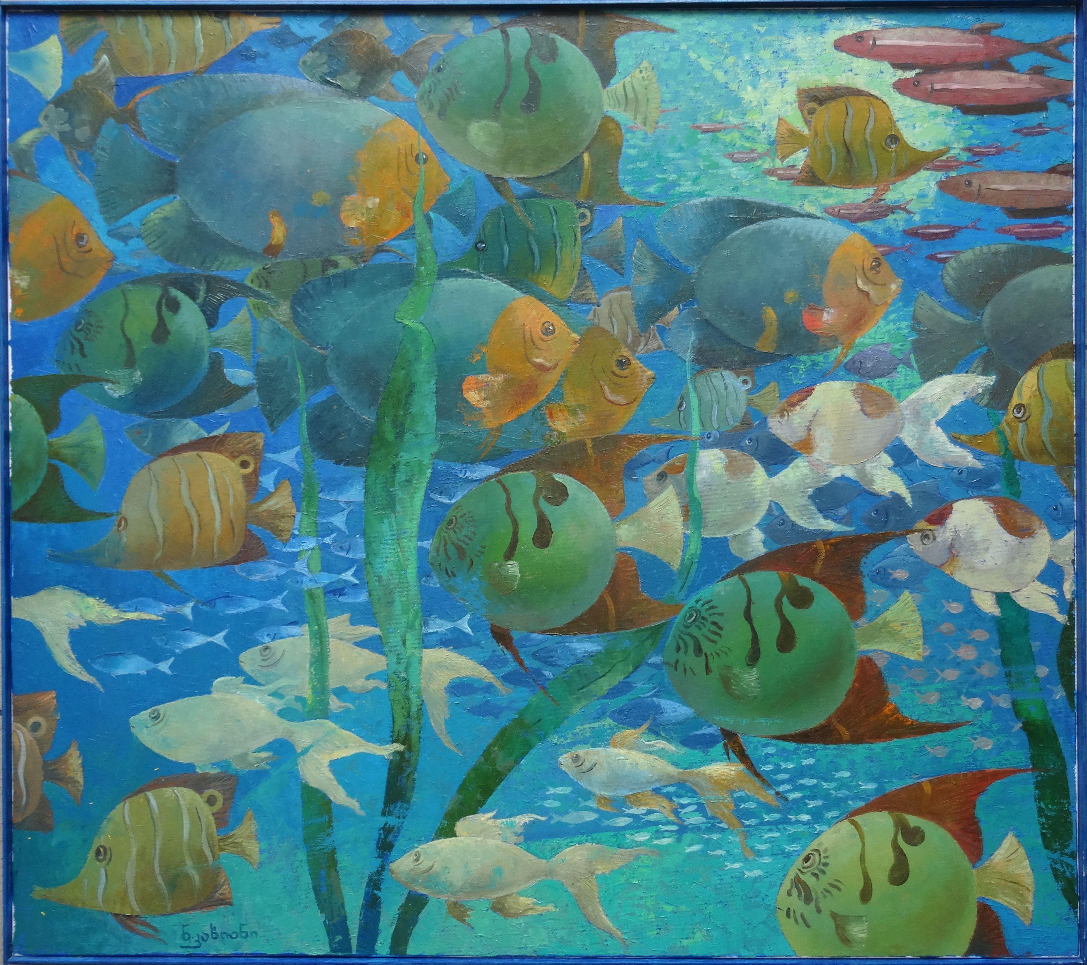 Fishes. Underwater world. Blue, green colors. 2018. Oil on canvas, 80x90 cm - Painting by Nugzar Kakhiani (Kahiani)