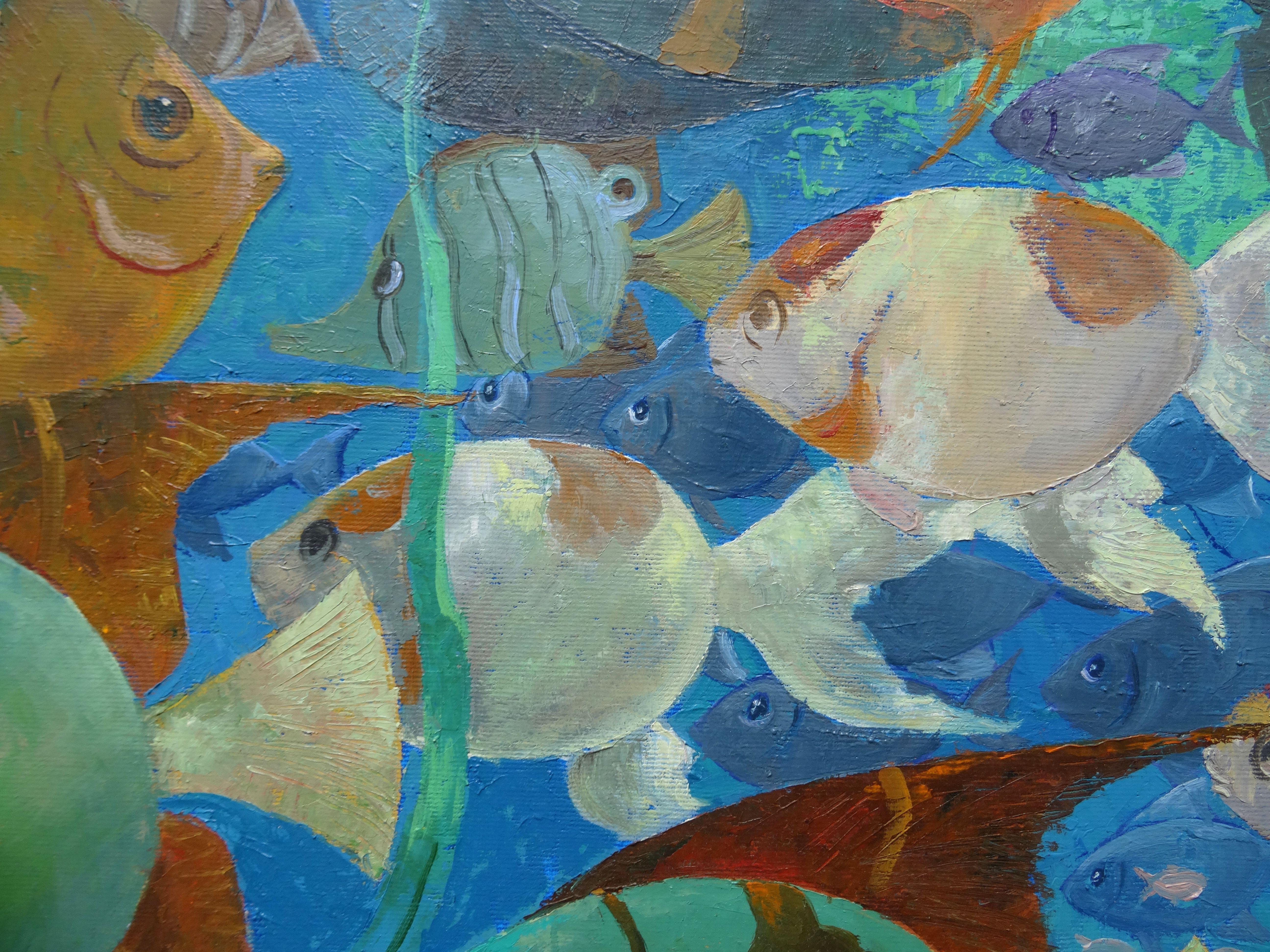 e poissons. monde sous-marin. Couleurs bleues et vertes. 2018. Huile sur toile, 80 x 90 cm - Vert Animal Painting par Nugzar Kakhiani (Kahiani)