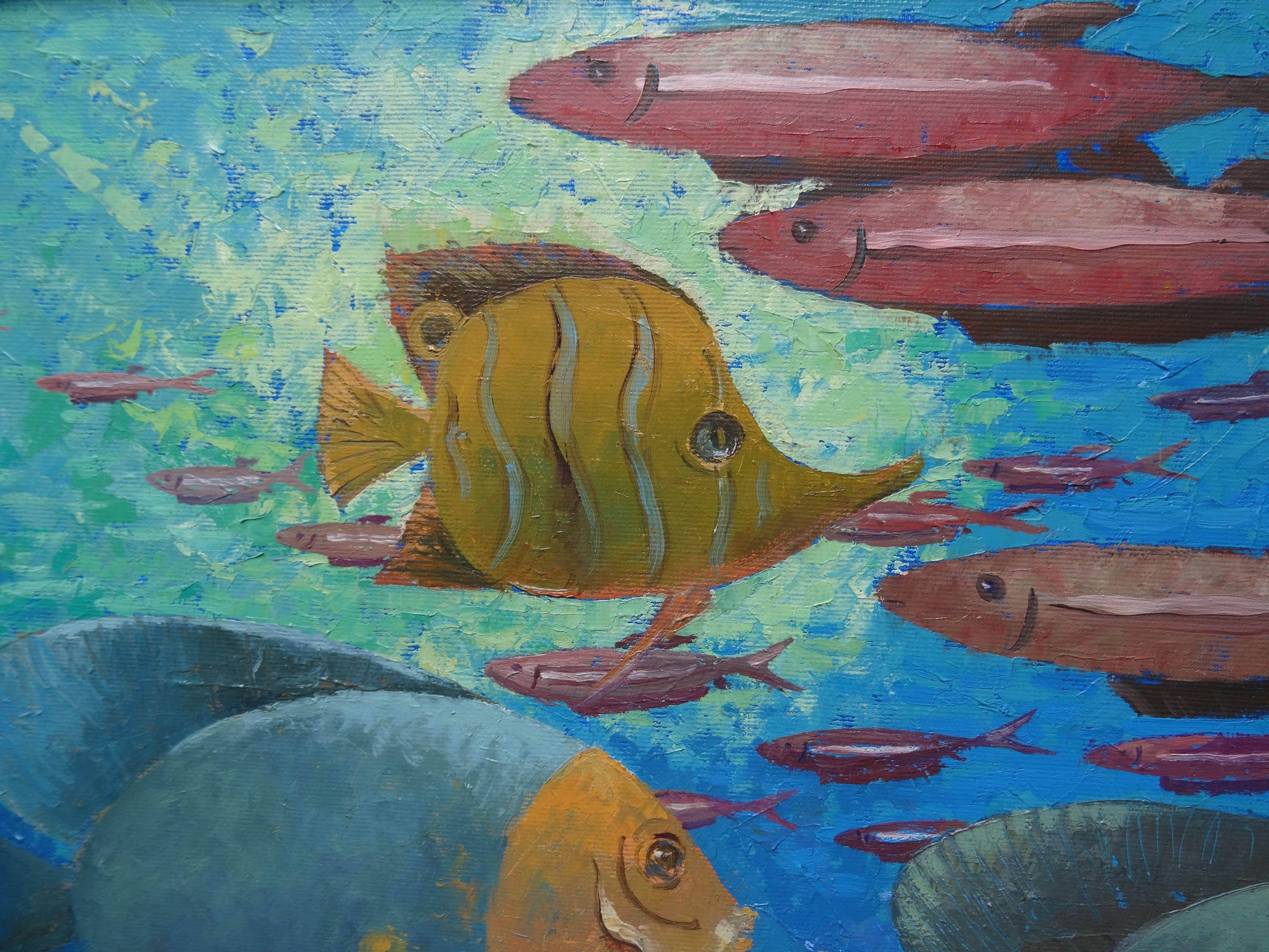 Fishes. Underwater world. Blue, green colors. 2018. Oil on canvas, 80x90 cm - Contemporary Painting by Nugzar Kakhiani (Kahiani)