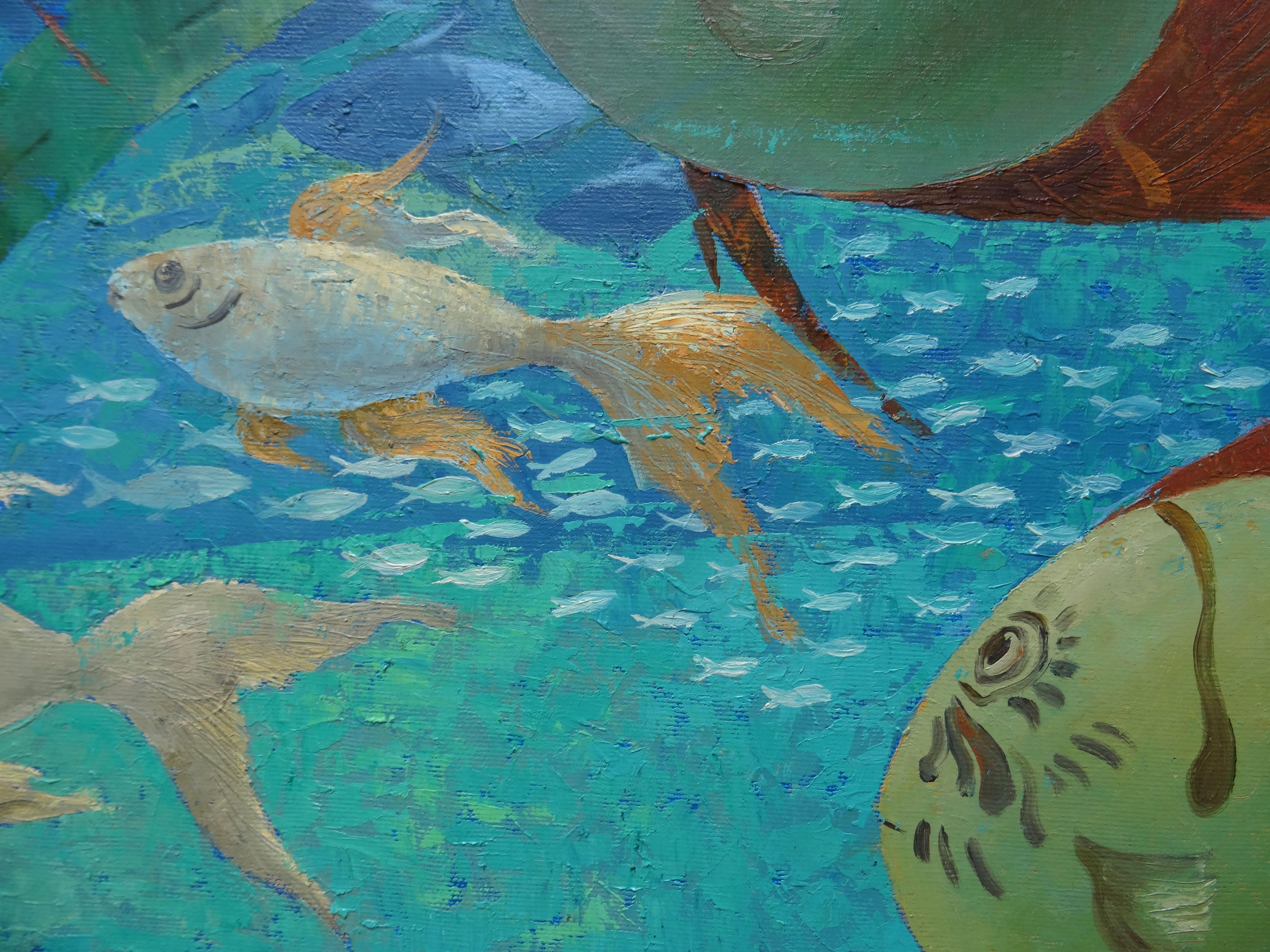 Fishes. Underwater world. Blue, green colors. 2018. Oil on canvas, 80x90 cm - Green Animal Painting by Nugzar Kakhiani (Kahiani)