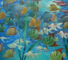 Fishes. Underwater world. Blue, green colors. 2018. Oil on canvas, 80x90 cm