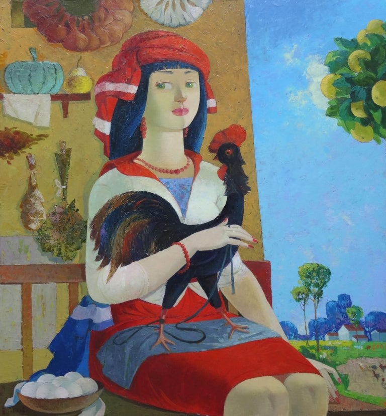 Nugzar Kakhiani (Kahiani) Portrait Painting - Girl with a rooster. 2020. Oil on canvas, 70x65 cm