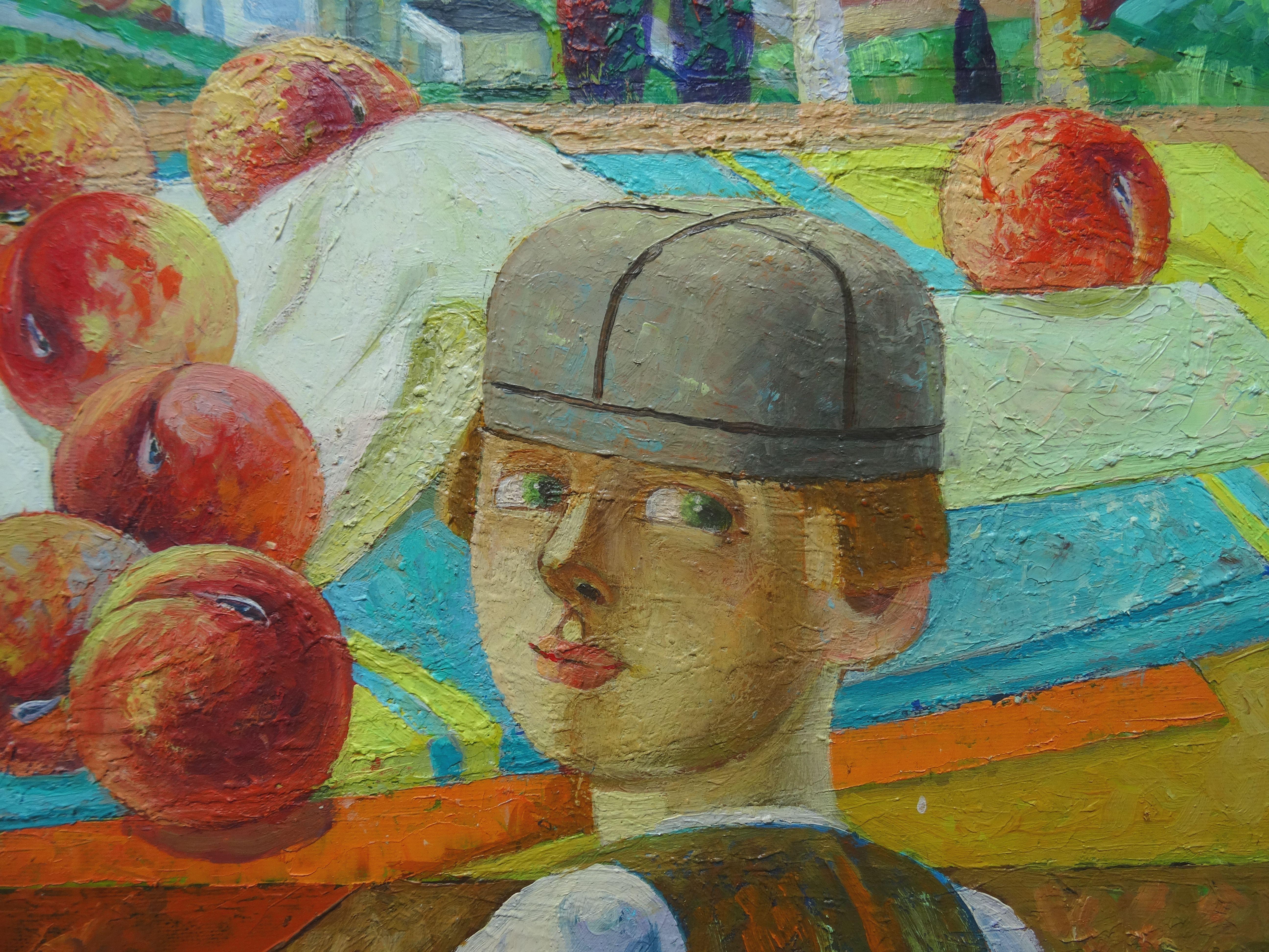 Brillante bodegón colorido con melocotones y hombre, en el fondo hermoso paisaje soleado con cielo azul y montañas
Nugzar Avtandilovich Kahiani nació en Poti, Georgia, en 1952. Estudió en la Escuela Superior de Arte que lleva el nombre de Nikoladze.