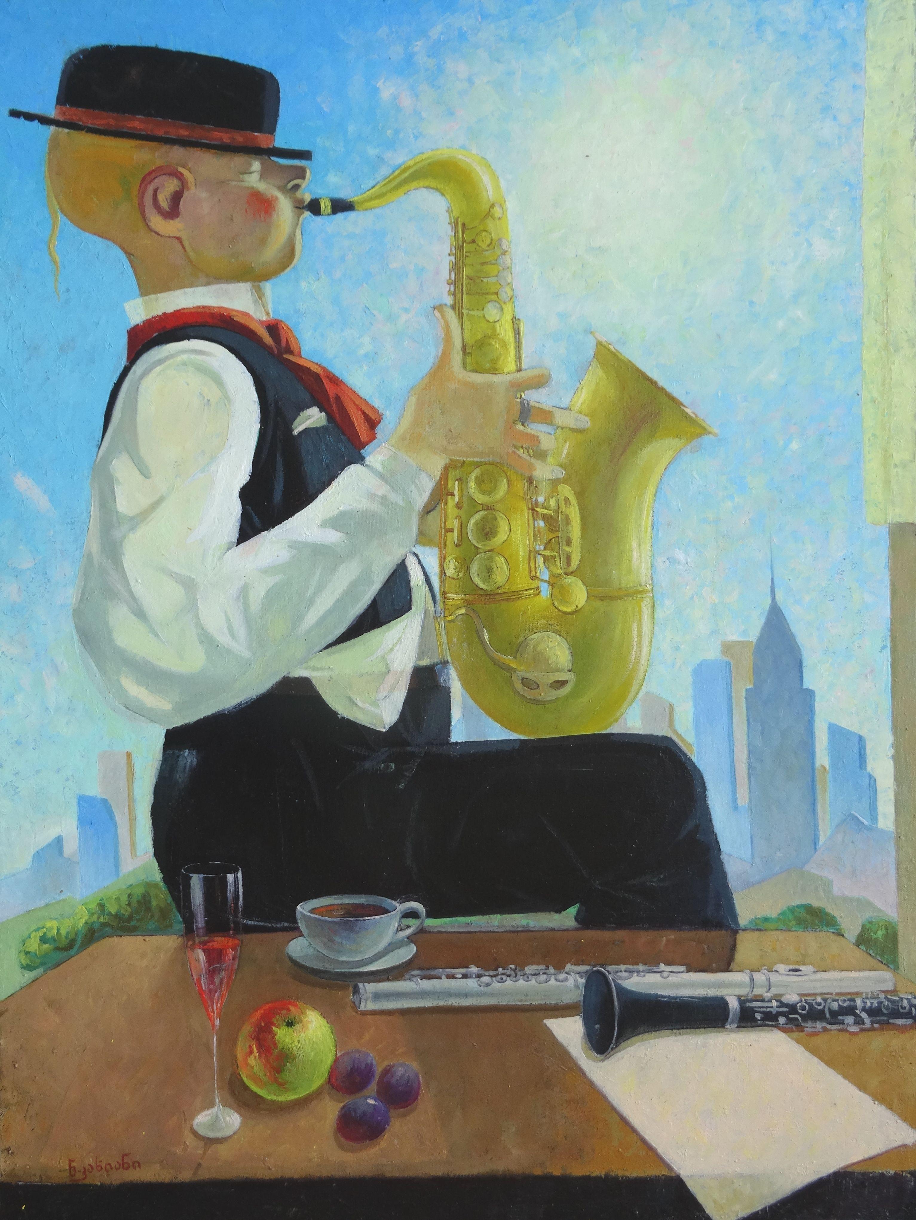 Still-Life Painting Nugzar Kakhiani (Kahiani) - Saxophoniste. 2021. Huile sur toile, 80 x 60 cm