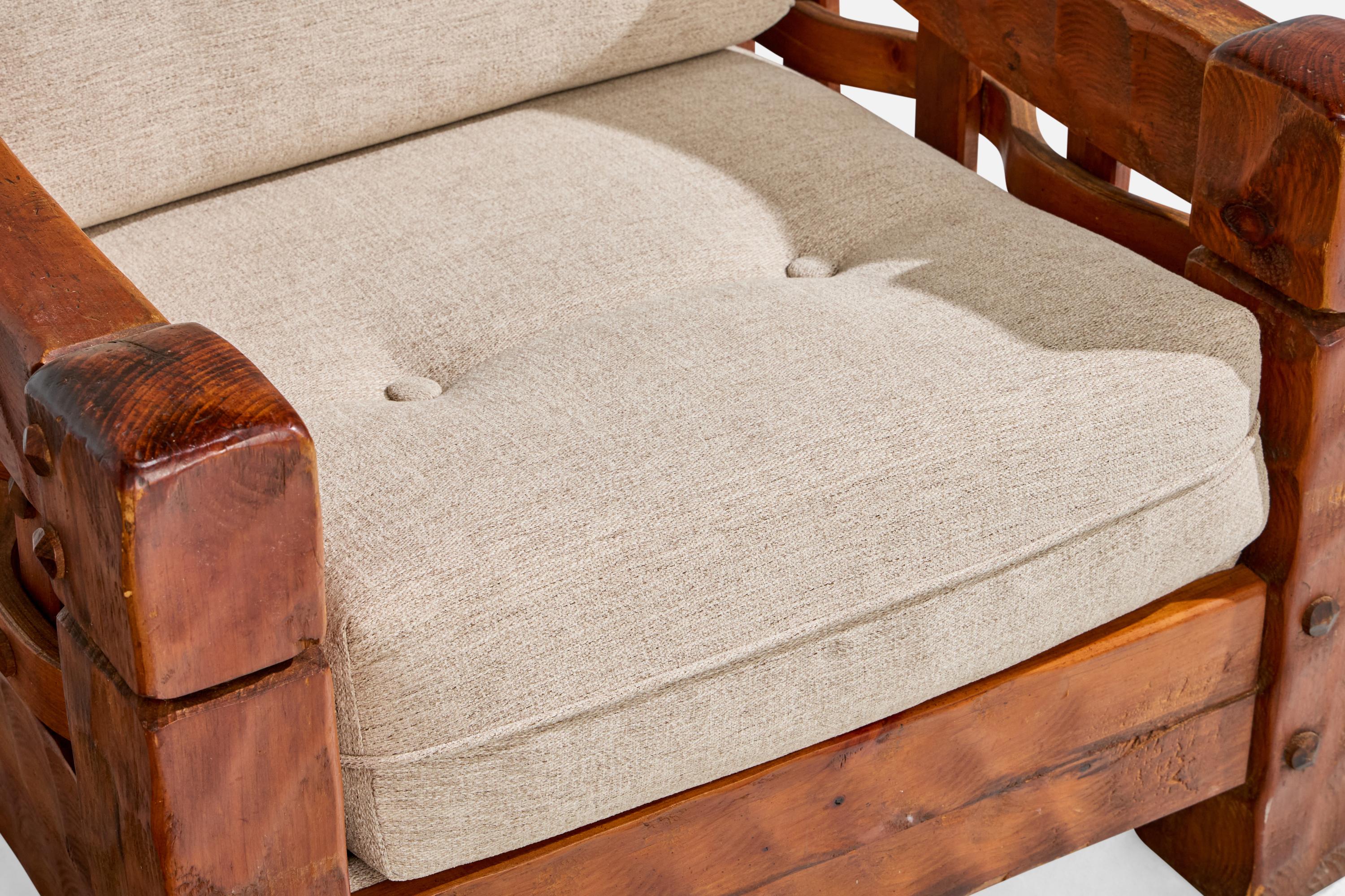 European Null, Lounge Chair With Ottoman, Pine, Fabric, USA, 1970s For Sale