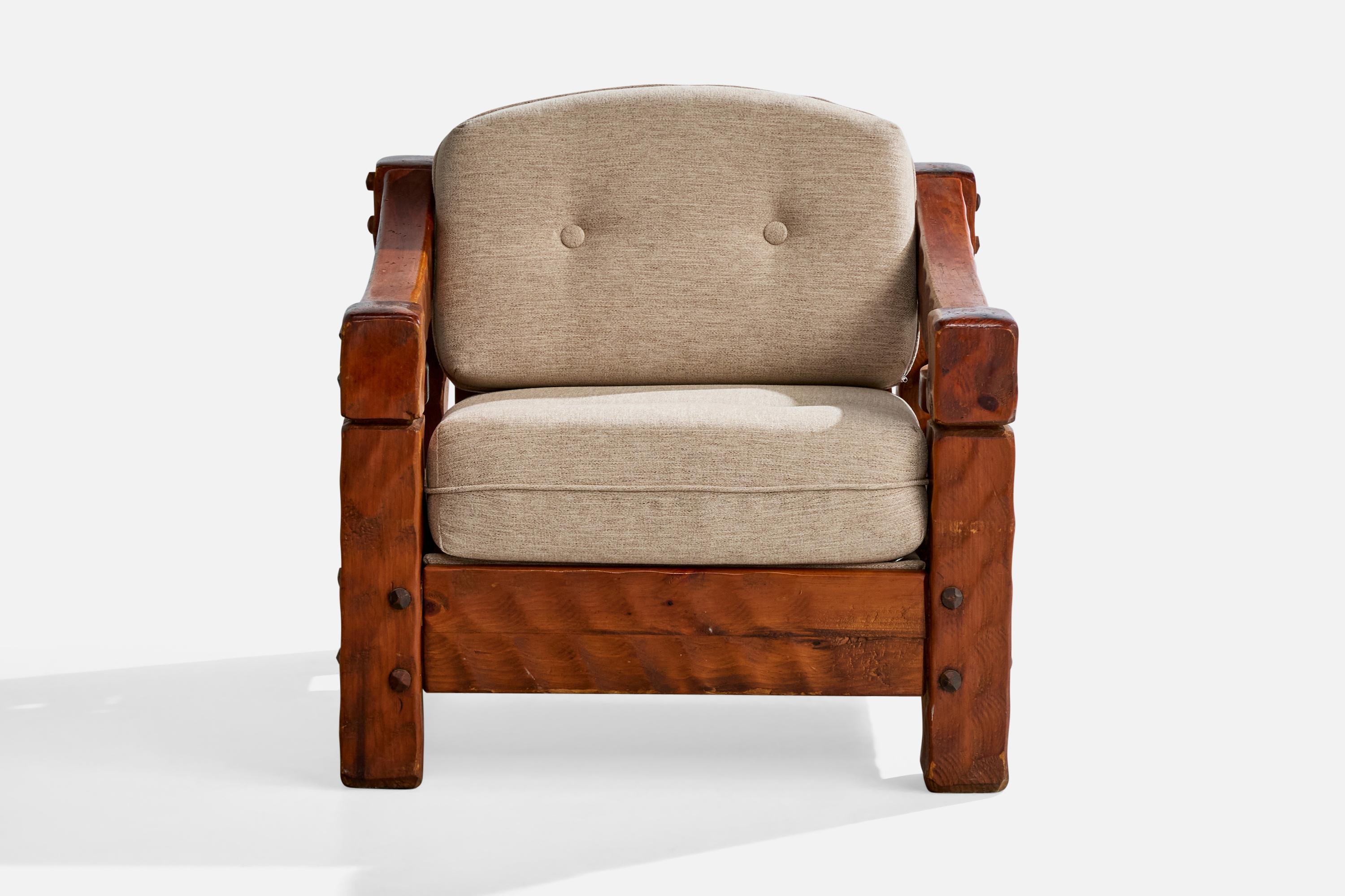 Null, Lounge Chair With Ottoman, Pine, Fabric, USA, 1970s For Sale 2