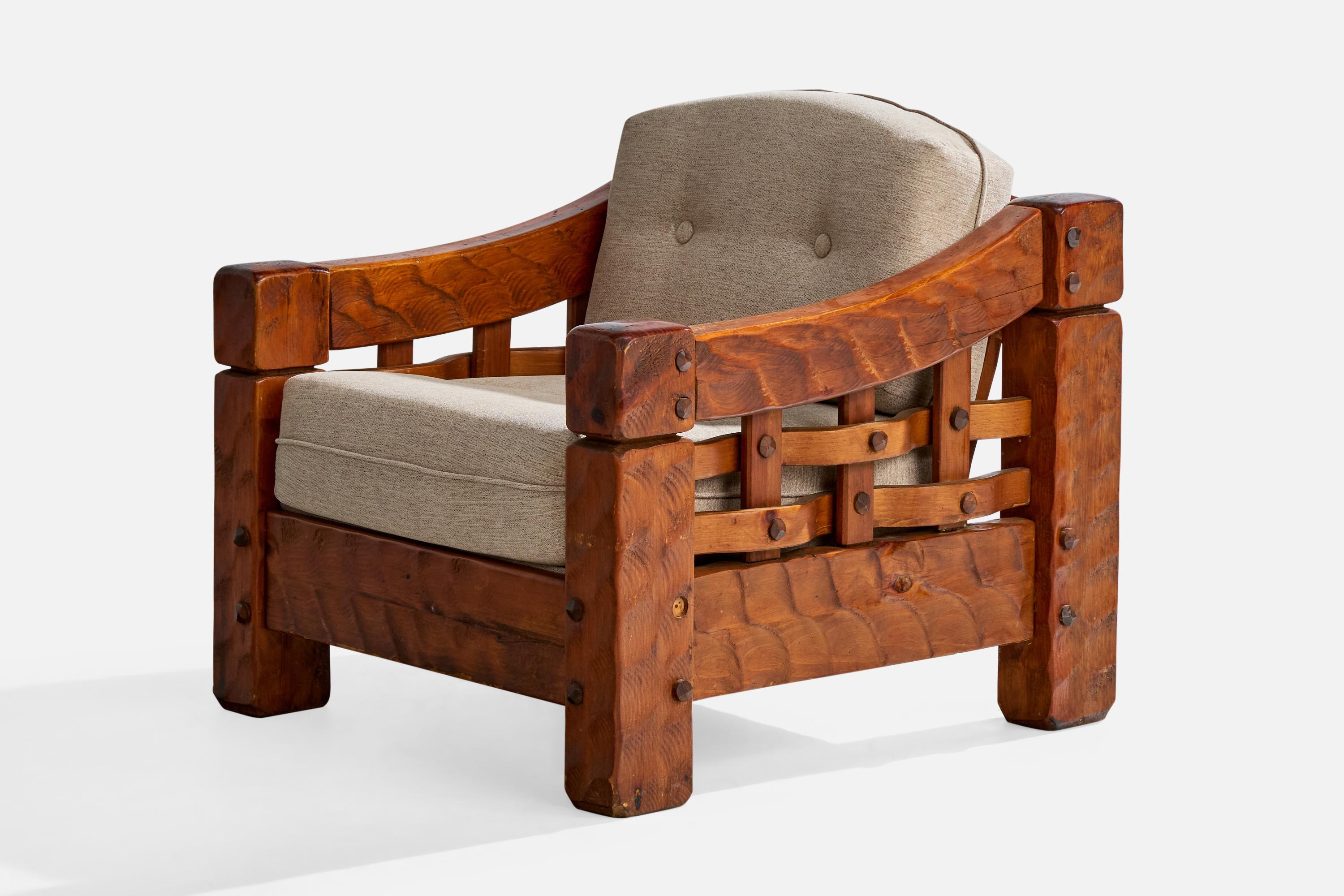 Null, Lounge Chair With Ottoman, Pine, Fabric, USA, 1970s For Sale 3