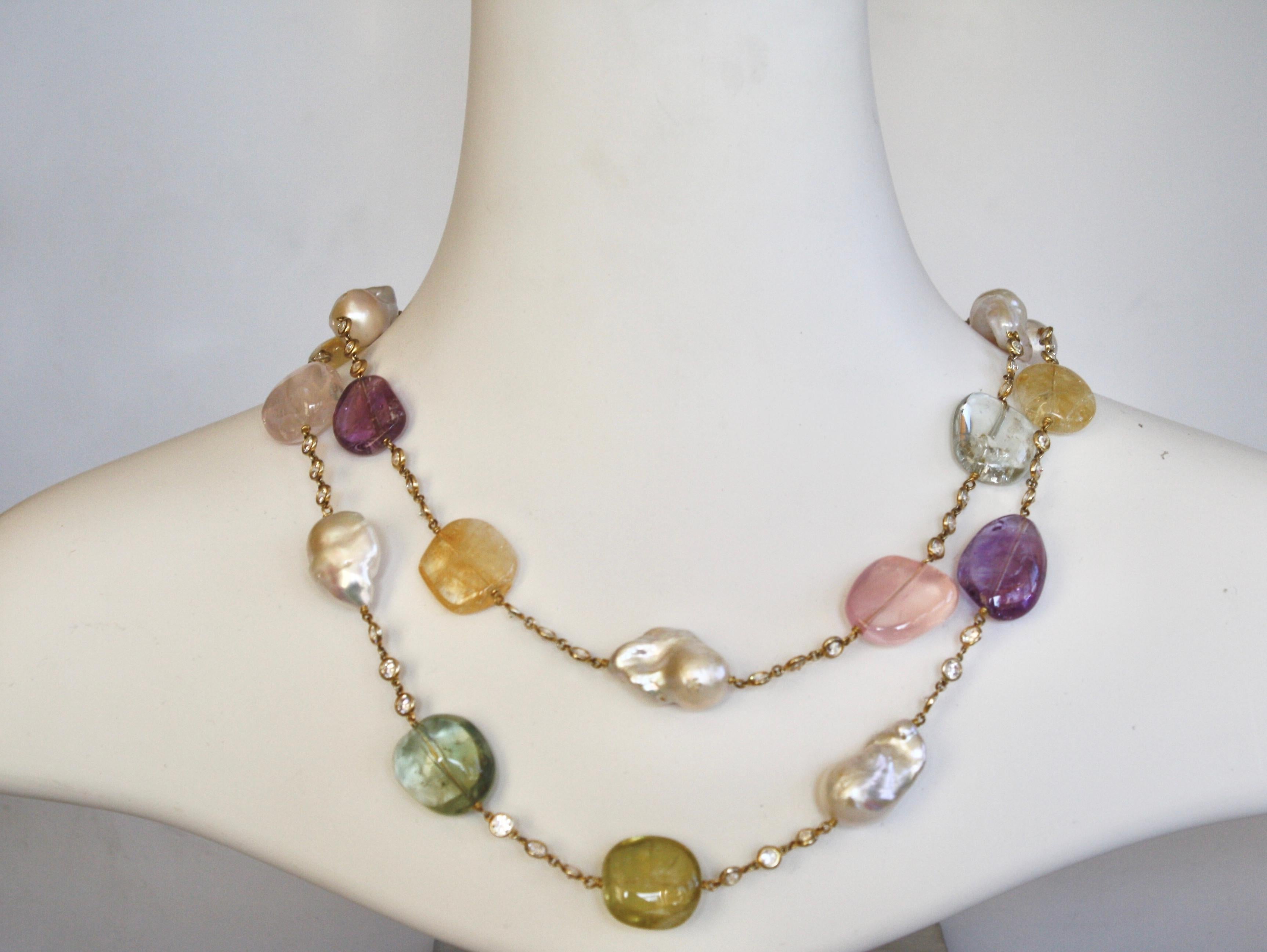 Num Aquamarine, Amethyst, Lemon Quartz, Baroque Pearl, & Pink Quartz Necklace Damen