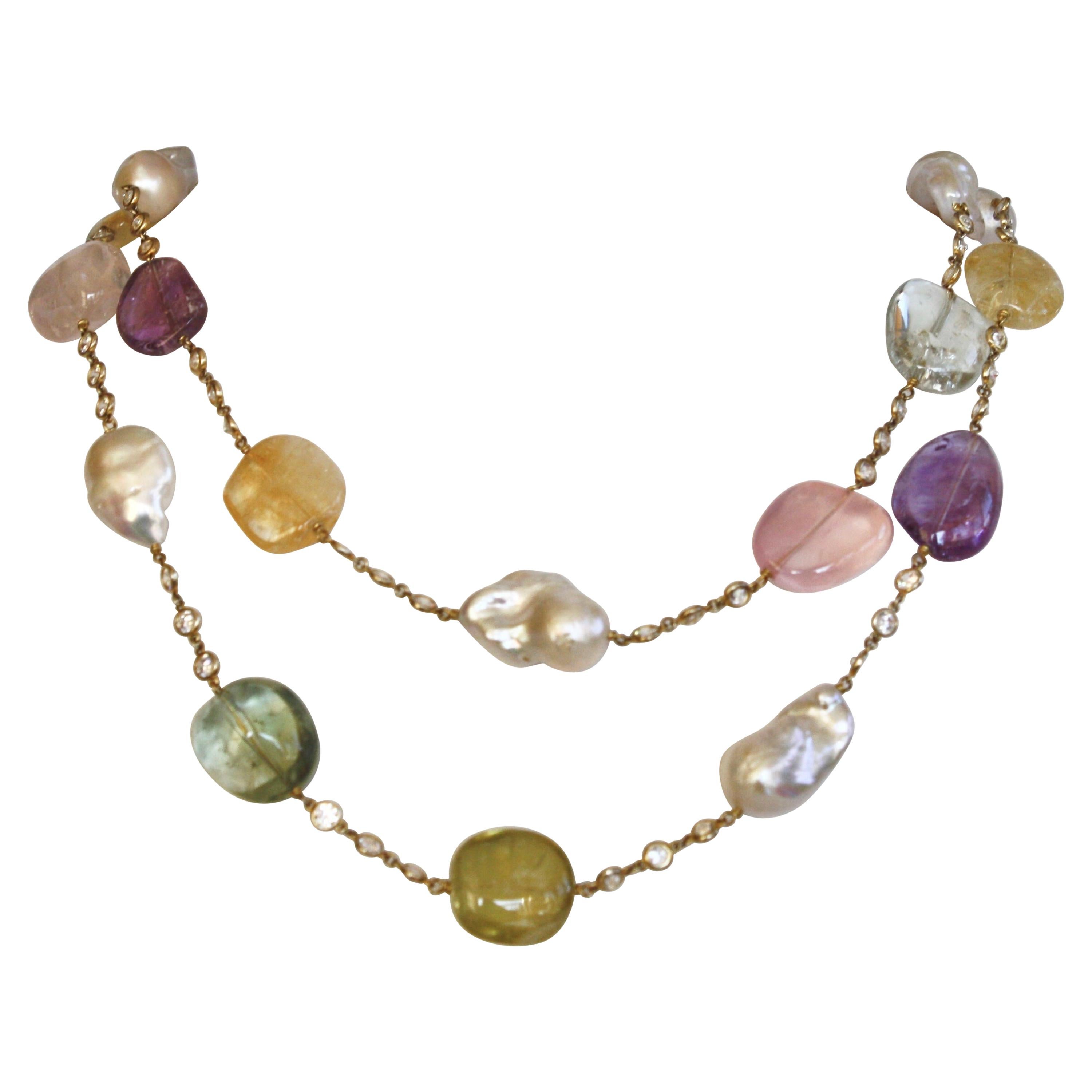 Num Aquamarine, Amethyst, Lemon Quartz, Baroque Pearl, & Pink Quartz Necklace