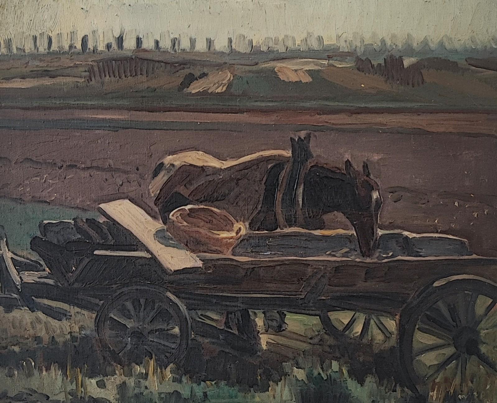 Numa Donzé Animal Painting - Field landscape with draft horse