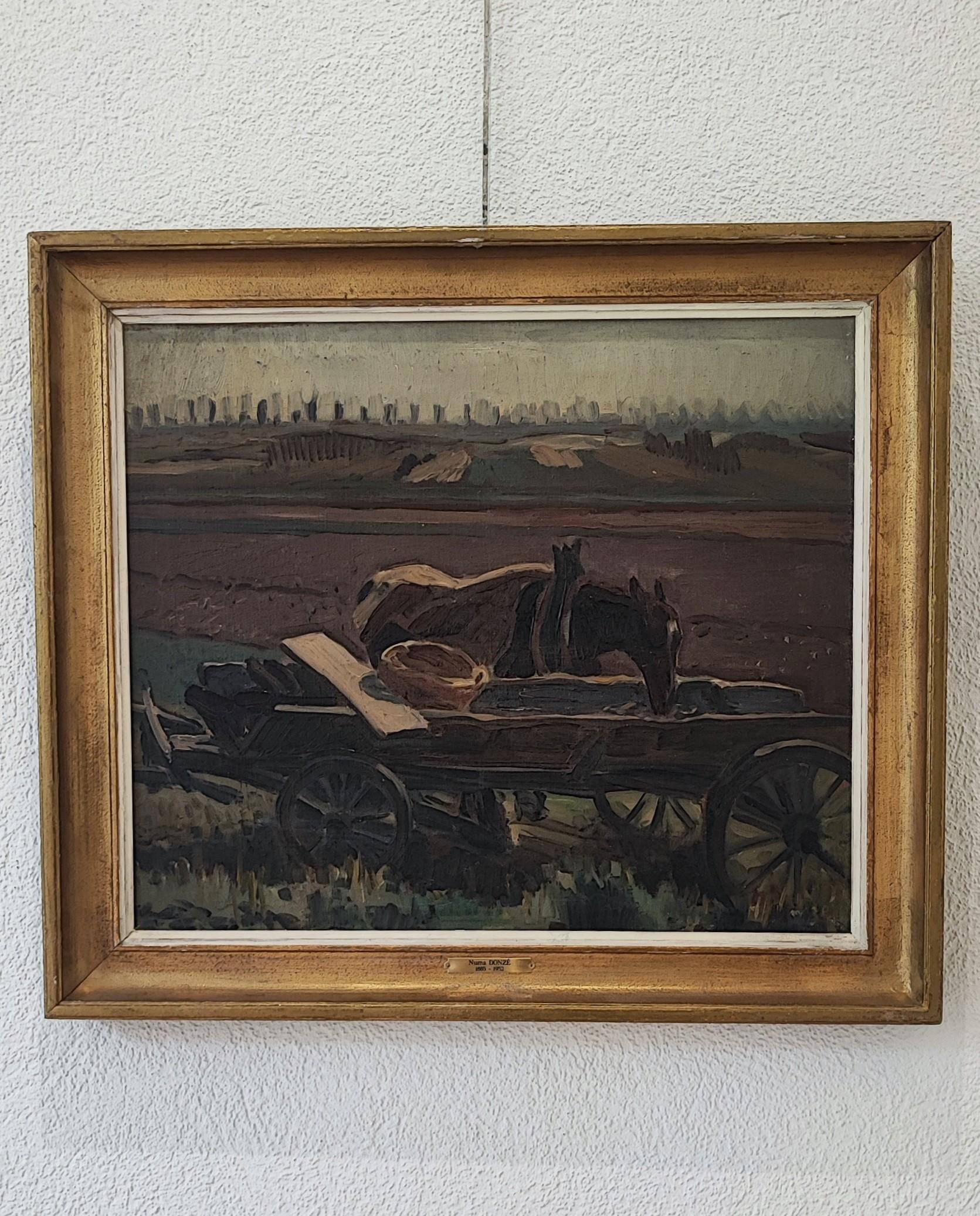 Field landscape with draft horse - Painting by Numa Donzé