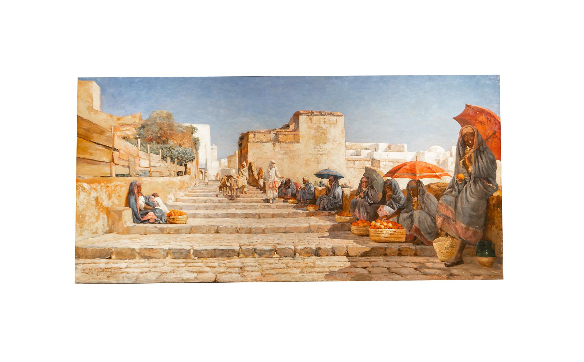 Description

Numa Marzocchi de Belluci 

French

1846 - 1930

Fruit Seller outside the Medina, Algiers

 Fruit Sellers Outside The Medina, Algiers
 Marzocchi De Belluci Numa
French
1846-1930
Oil on Canvas

The vibrant and lively scene in this