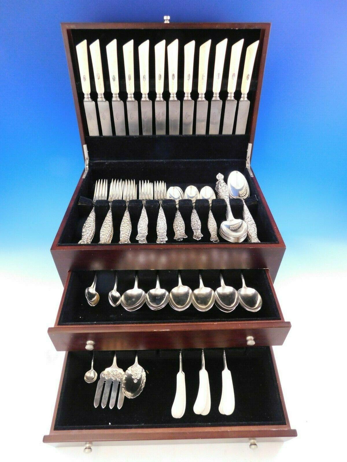 Scarce No. 3 by Duhme, circa 1885, sterling silver flatware set - 92 pieces (including 12 faux ivory handle dinner knives). This rare service includes:

12 dinner size knives, 9 1/2