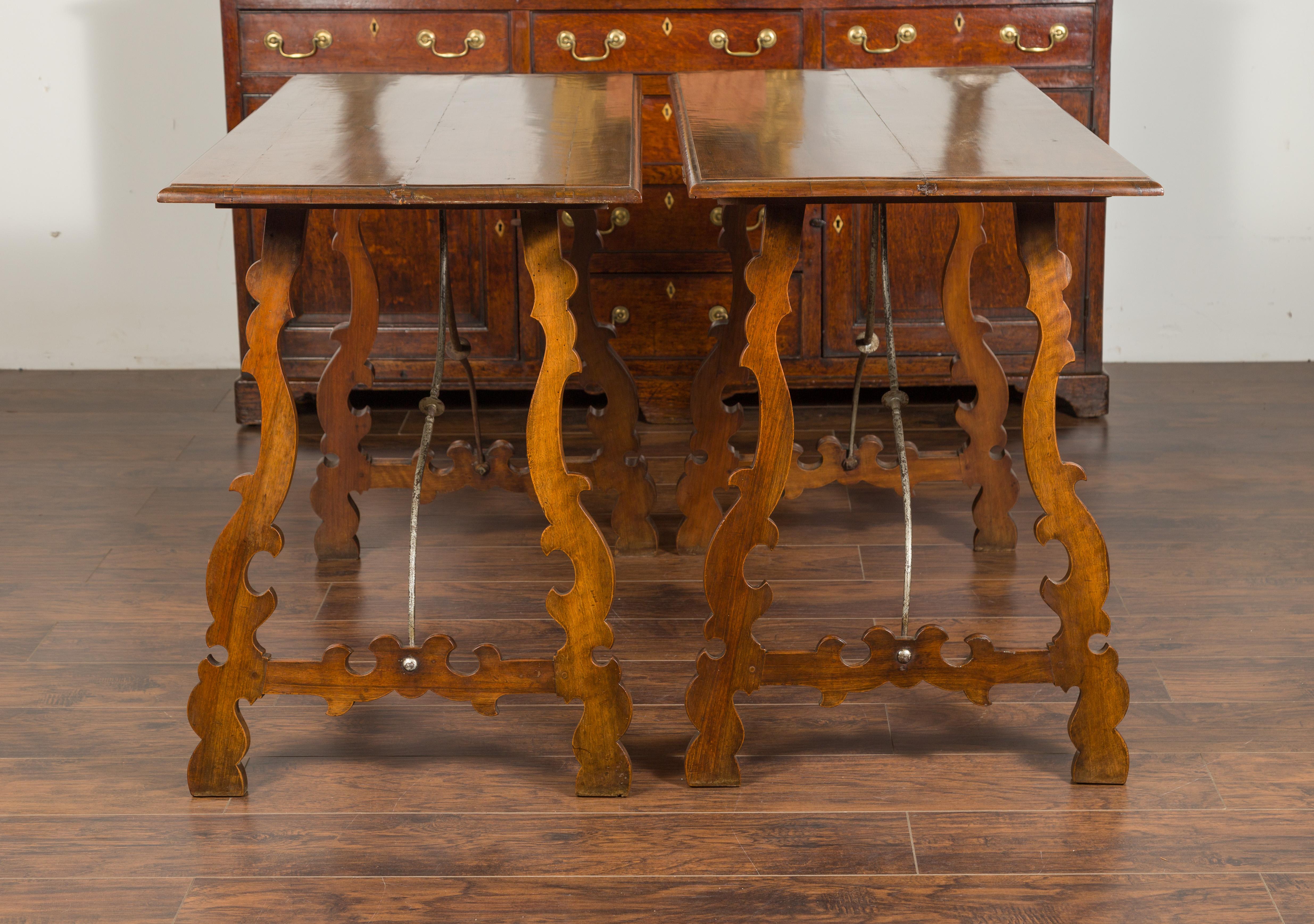 Pair of Spanish Baroque Style 1880s Walnut Console Tables with Iron Stretchers For Sale 5