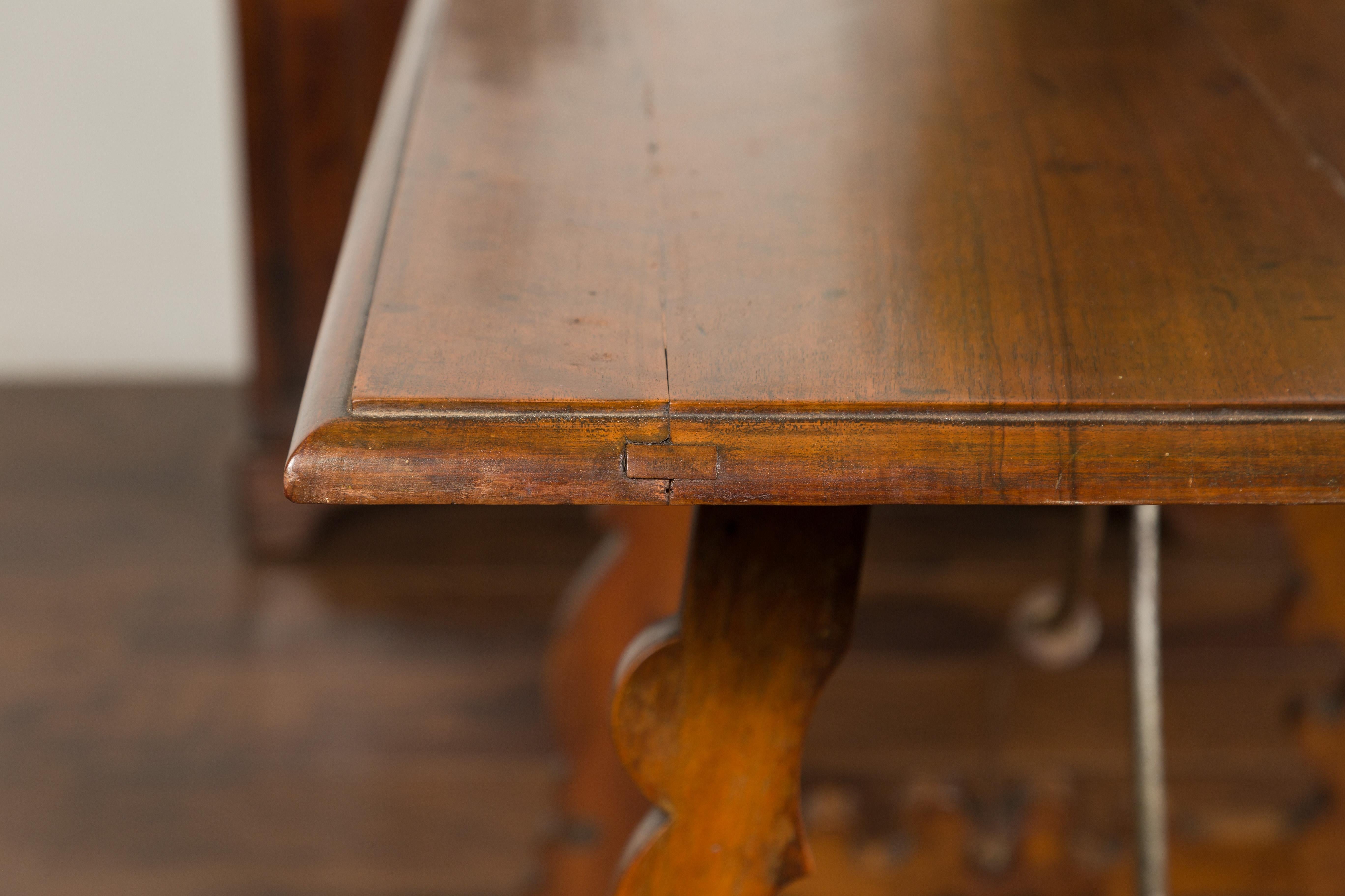 Pair of Spanish Baroque Style 1880s Walnut Console Tables with Iron Stretchers For Sale 9