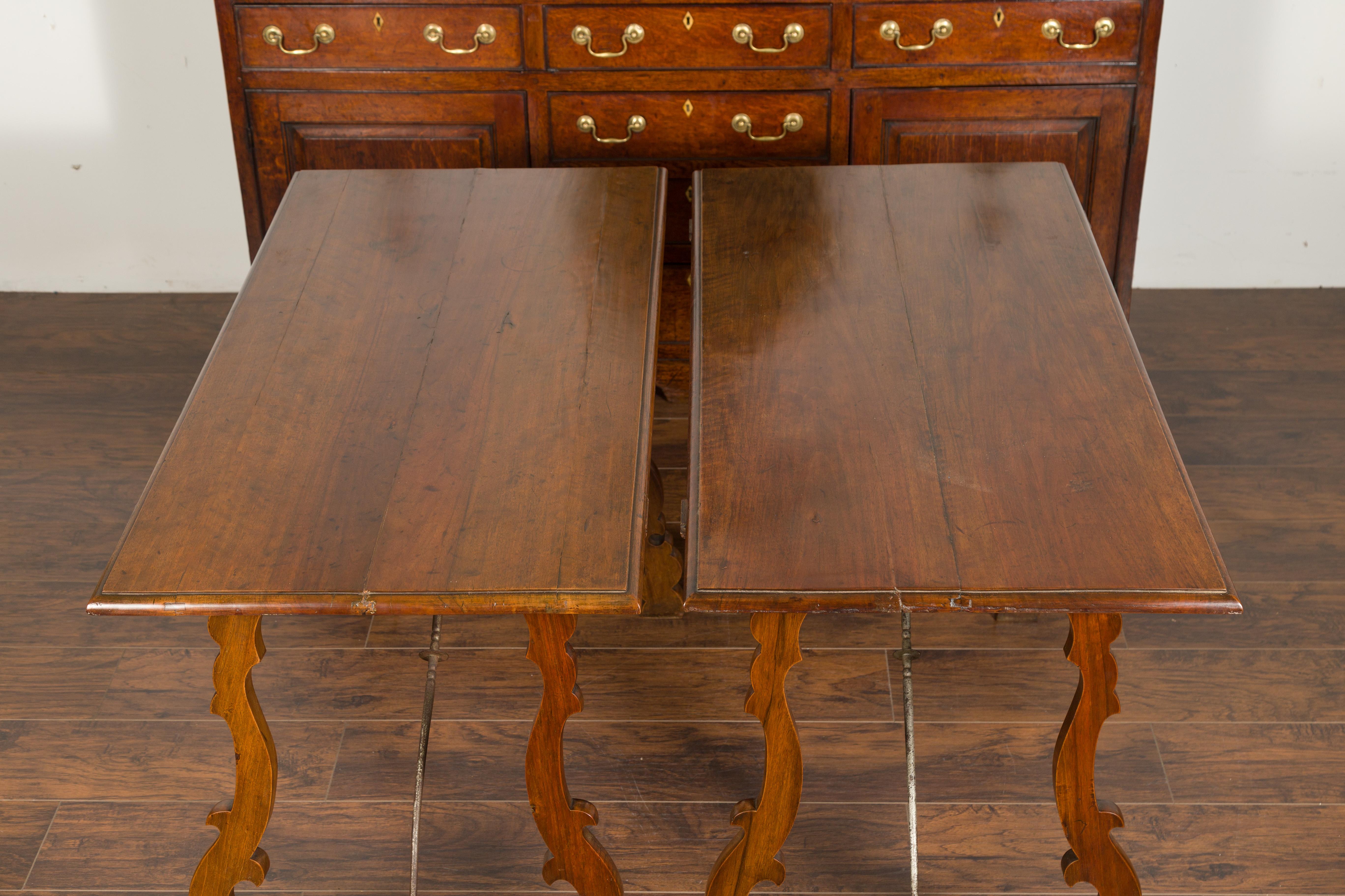 Pair of Spanish Baroque Style 1880s Walnut Console Tables with Iron Stretchers For Sale 2