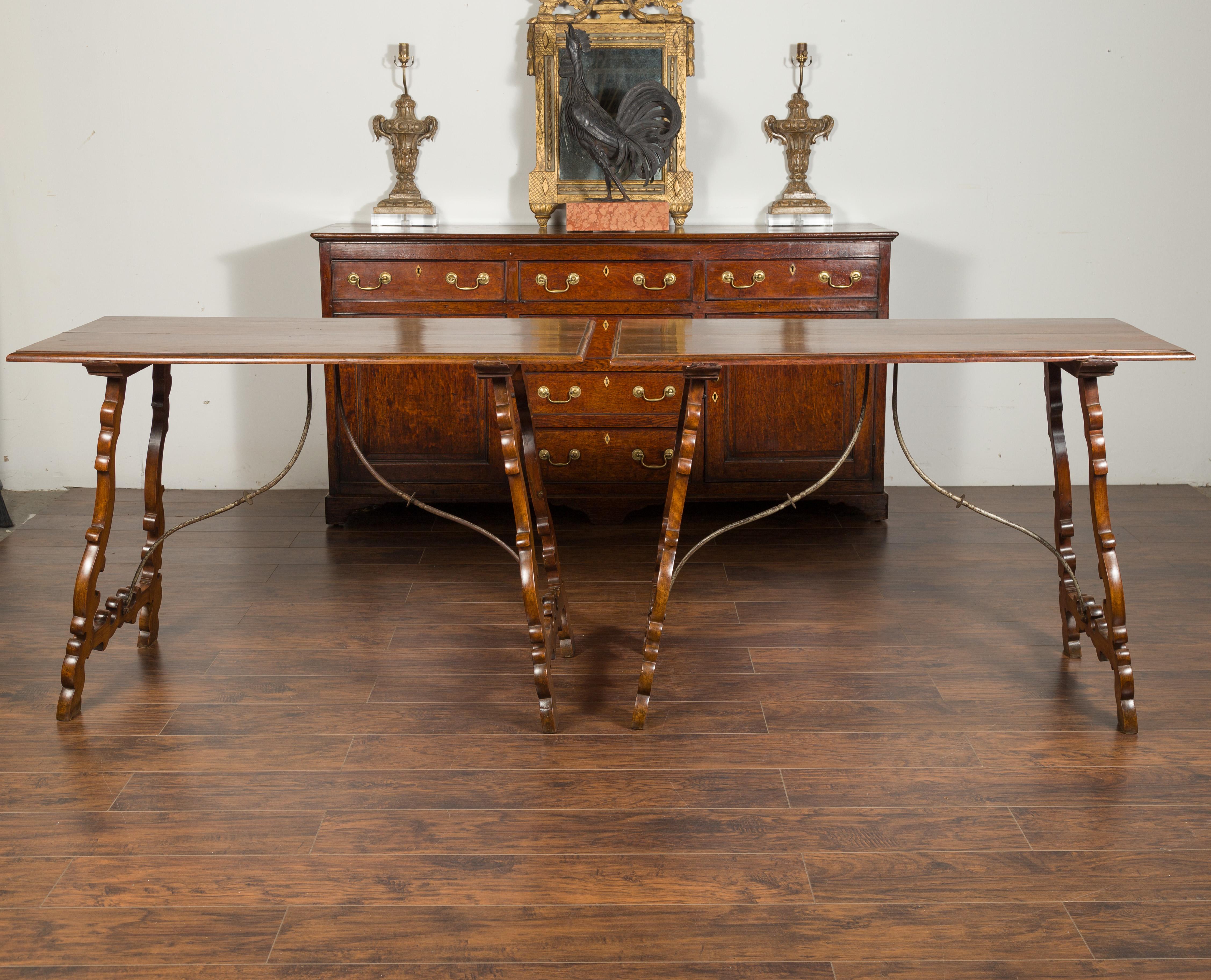 Pair of Spanish Baroque Style 1880s Walnut Console Tables with Iron Stretchers For Sale 3